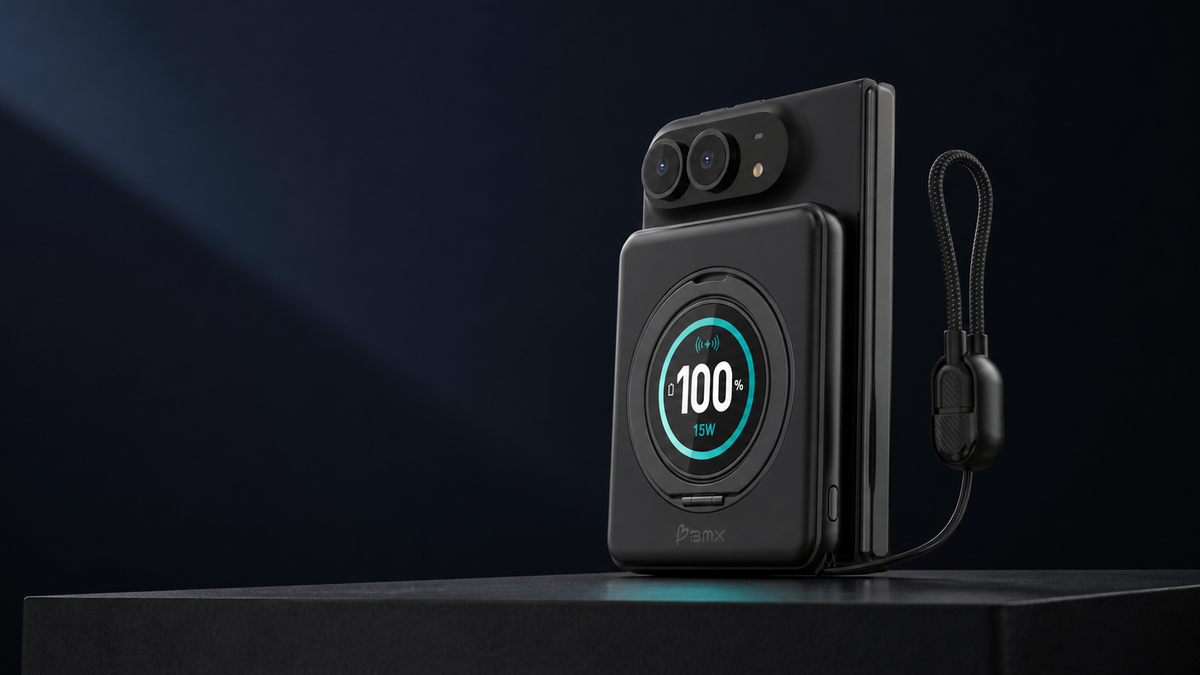 SolidSafe™ Duo 5K magnetic power bank attached to a phone, showing its circular TFT display and attached USB-C cable