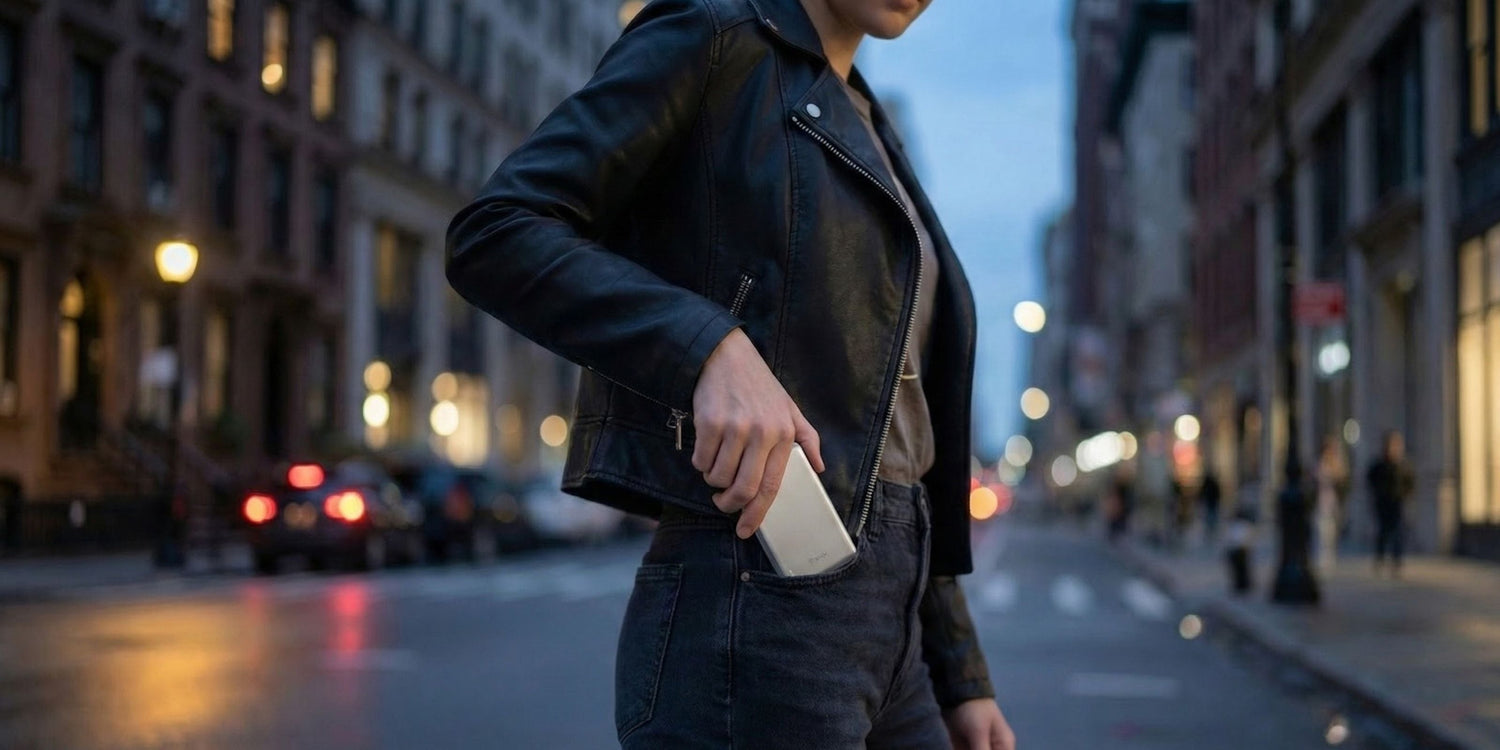 Person slipping a slim power bank into a jeans pocket on a city street at dusk.