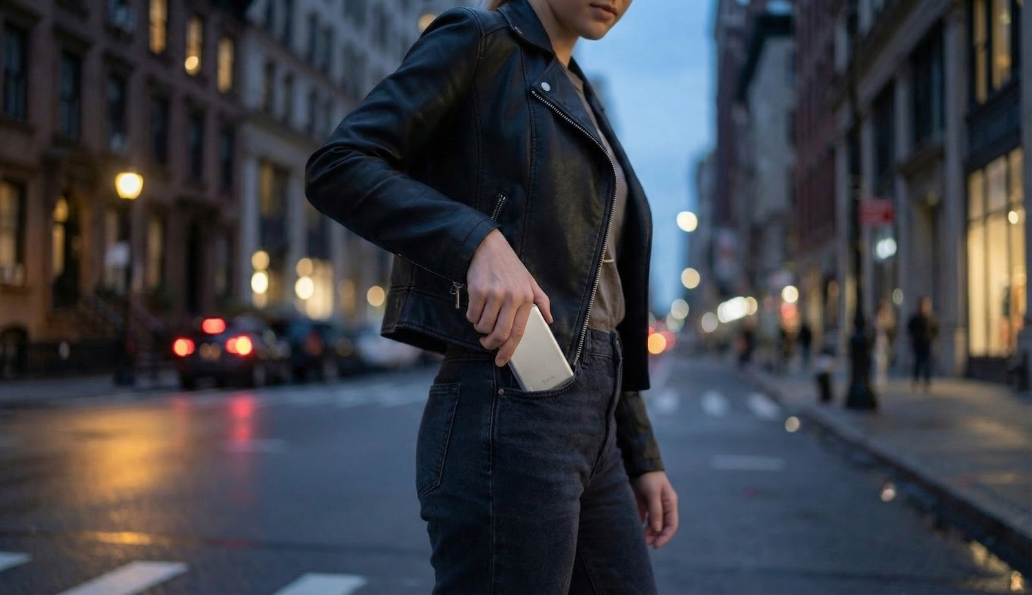 BMX SolidSafe Air slim power bank sliding horizontally into a front jeans pocket