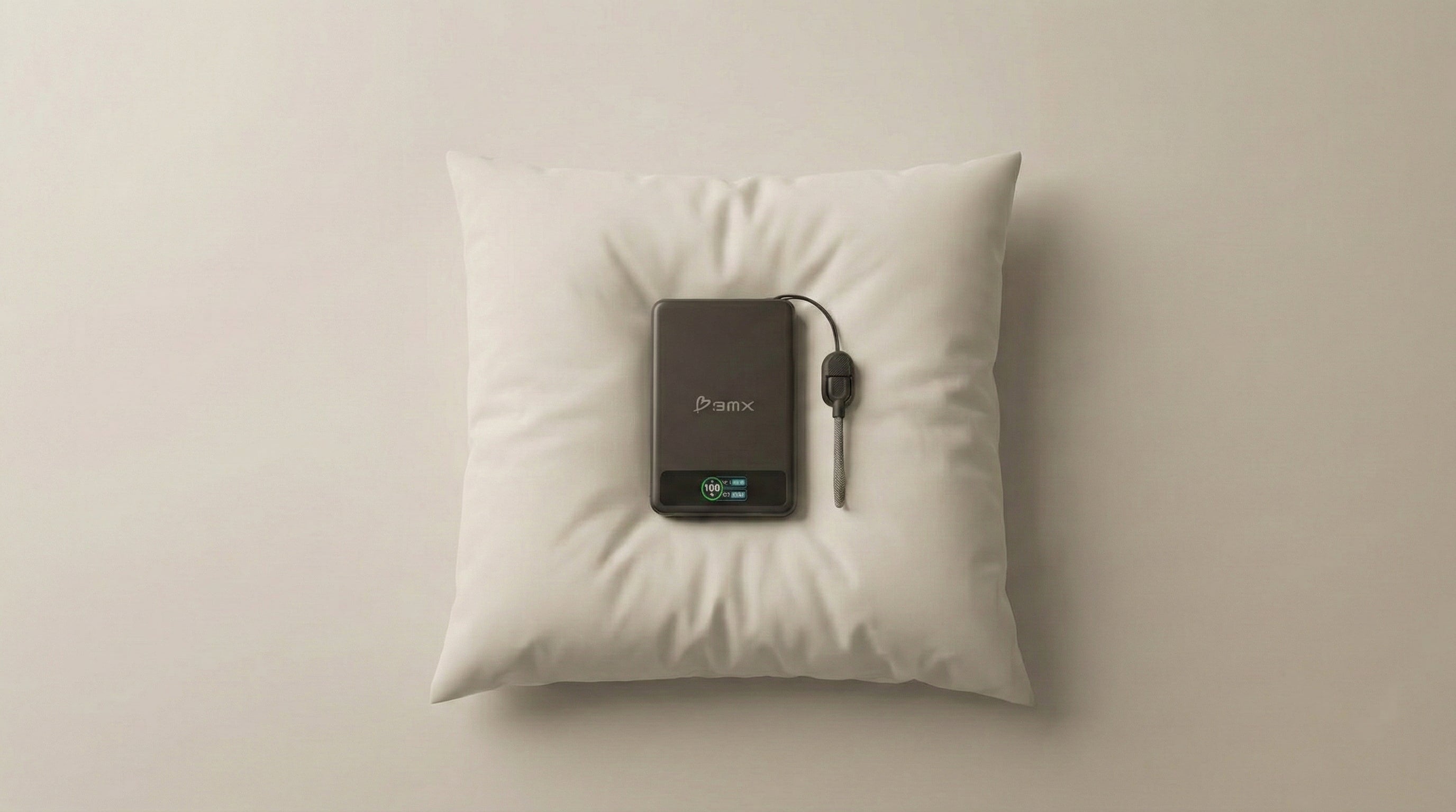 BMX SolidSafe power bank charging on a bedside pillow, safe overnight charging scenario