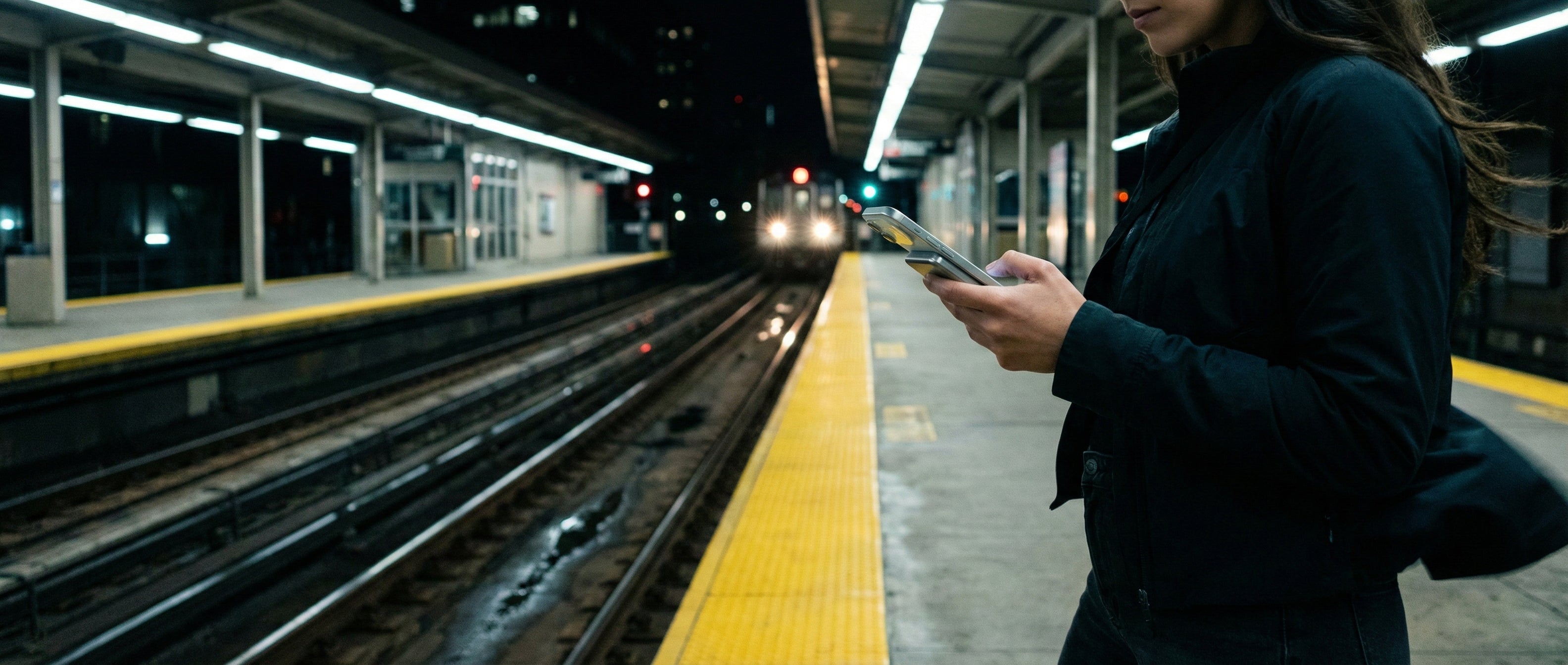 Person on a train charging an iPhone with a BMX SolidSafe Air MagSafe power bank