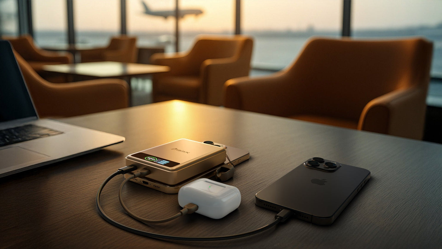Phone and laptop charging simultaneously, illustrating multi-device fast charging