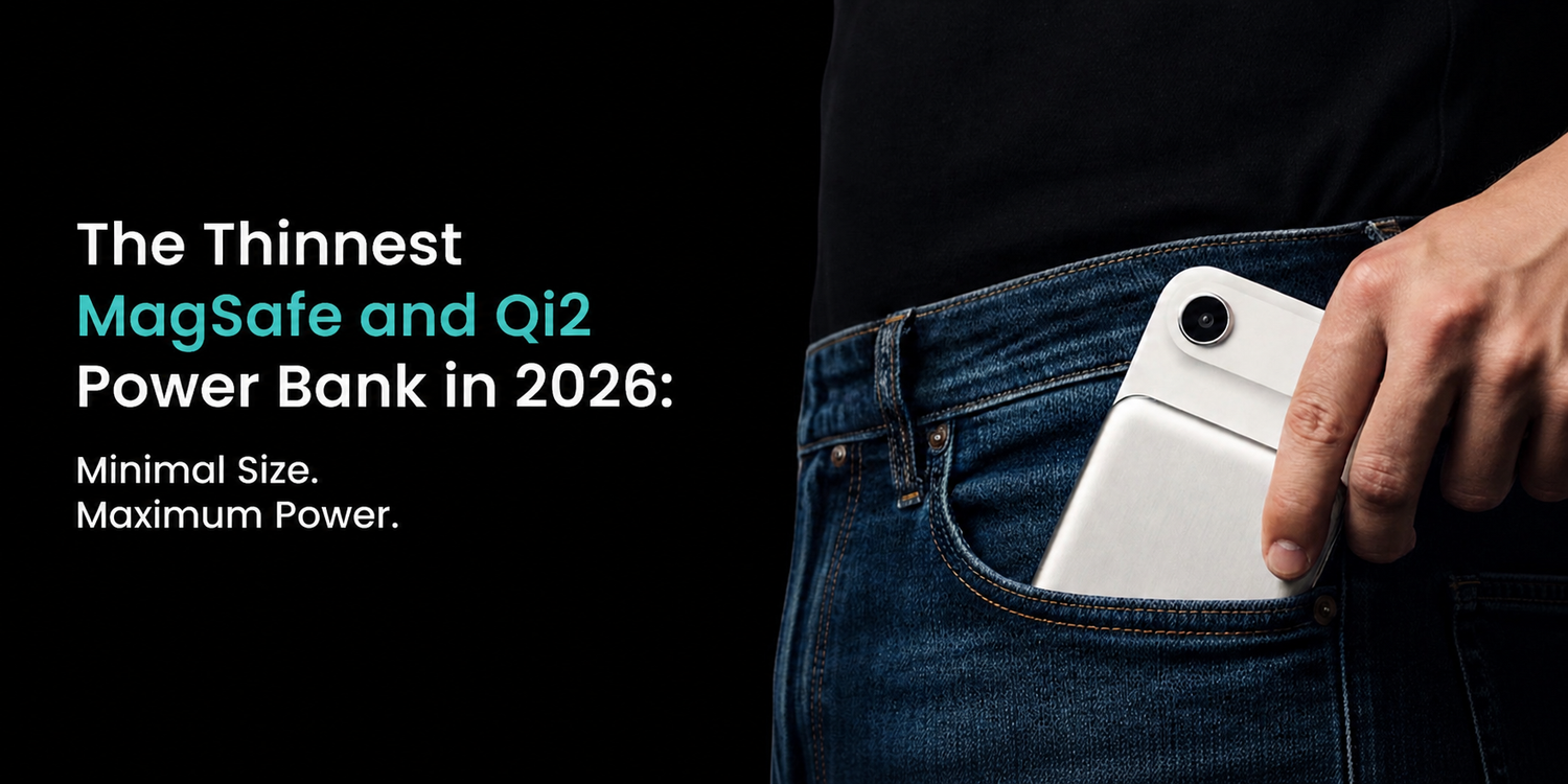 Silver BMX SolidSafe Air slipping into a jeans front pocket. Banner text: The Thinnest MagSafe and Qi2 Power Bank in 2026. Minimal Size. Maximum Power.