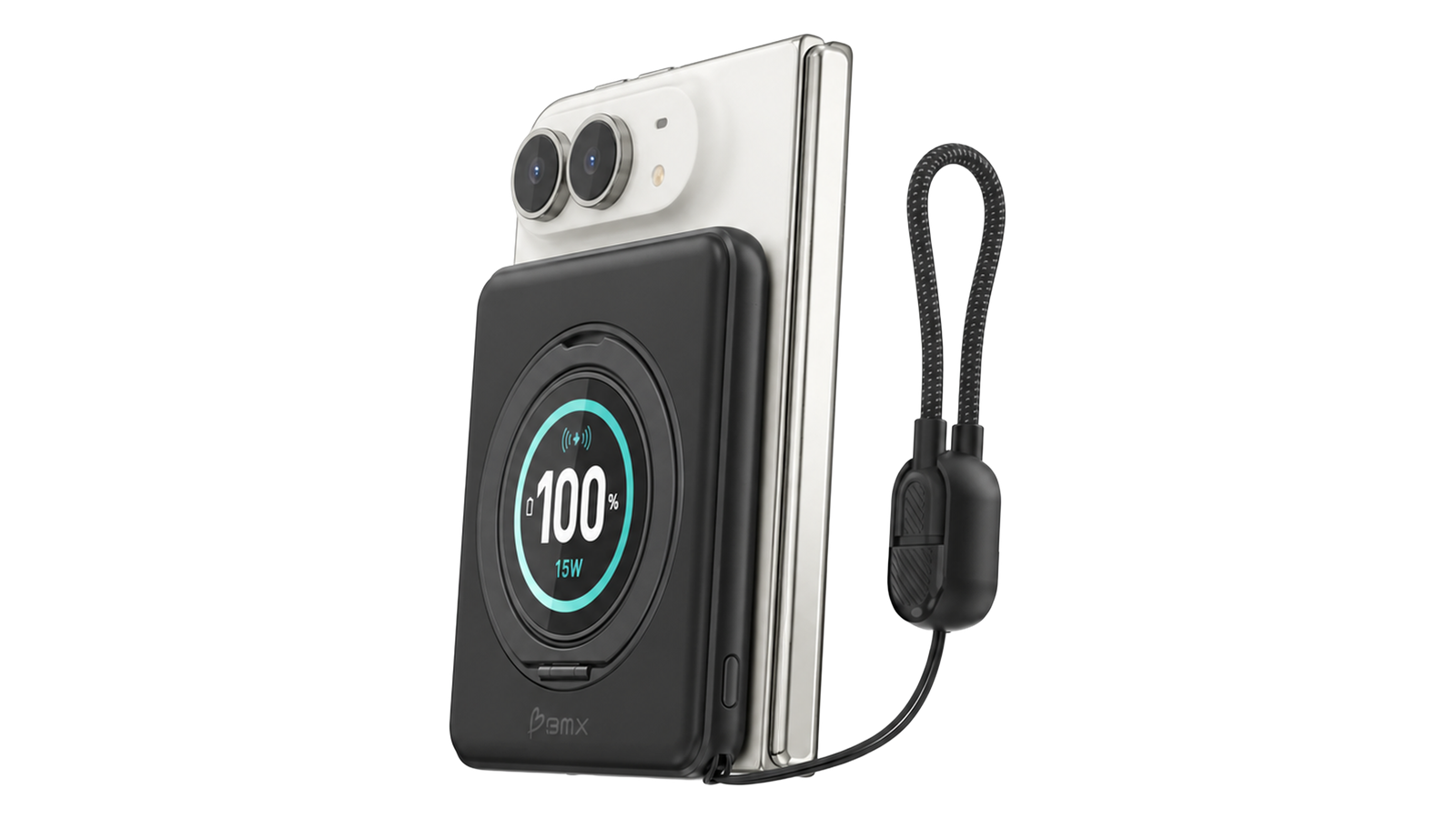 BMX SolidSafe Duo magnetic power bank attached to the back of a closed white iPhone Duo, display reading 100 percent and 15W, attached USB-C lanyard cable visible