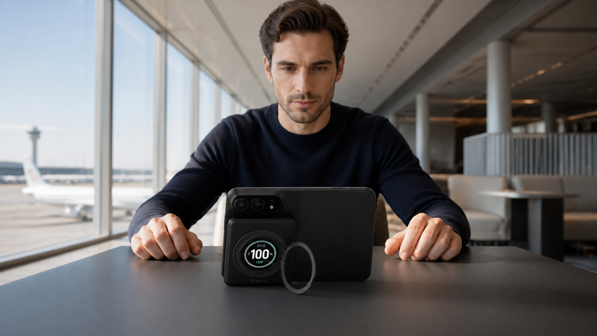 A man at an airport lounge table with an open iPhone Duo propped in landscape on the BMX SolidSafe Duo ring stand, the power bank display reading 100 percent while it charges the phone