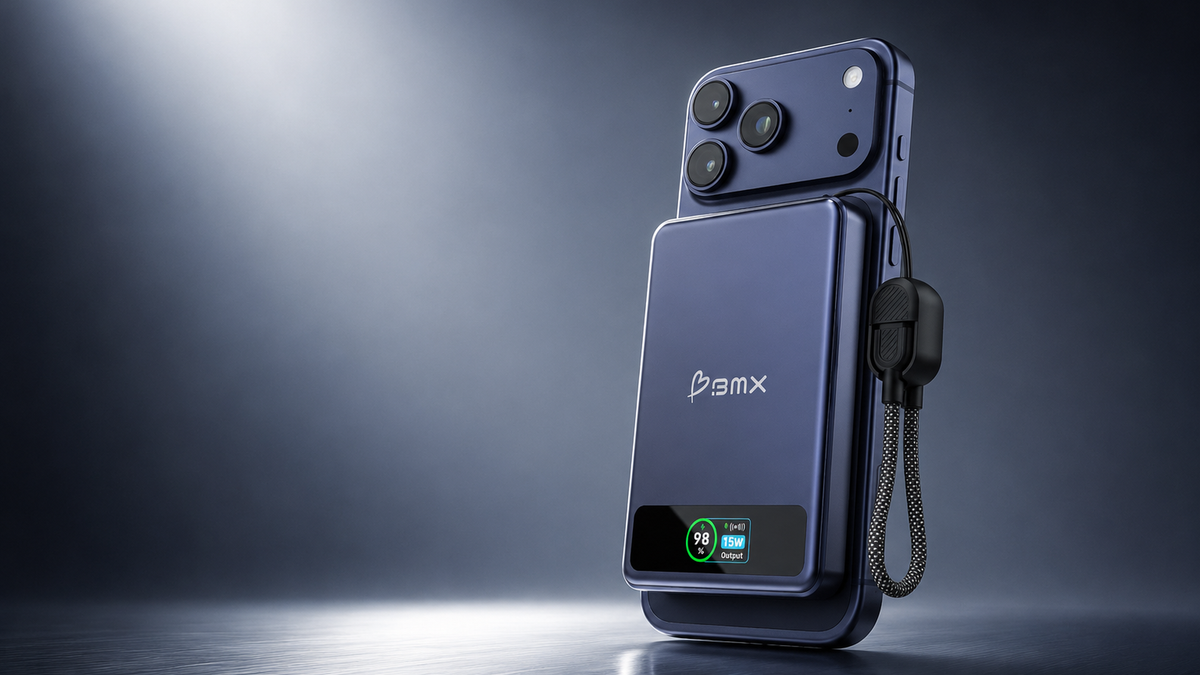 SolidSafe 5K blue power bank mounted on phone, 1920x1080 desktop banner hero