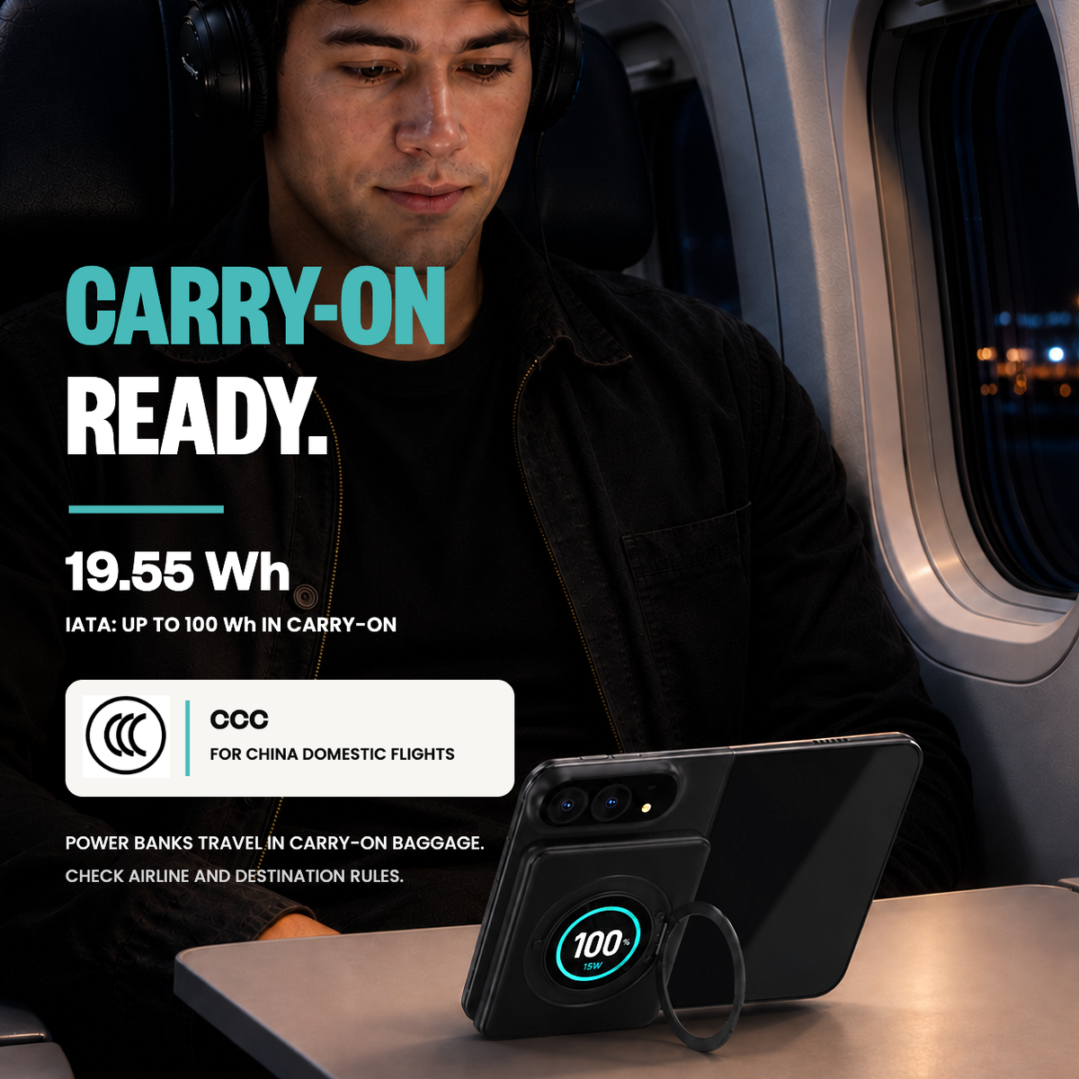 SolidSafe™ Ultra B8-05 19.55Wh carry-on infographic with IATA guidance and CCC certification