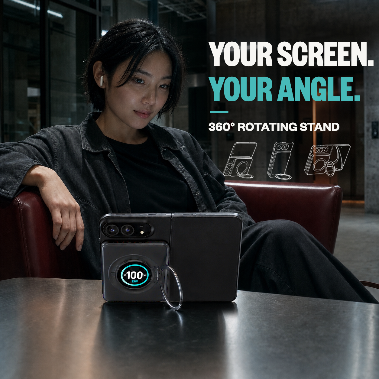 SolidSafe™ Ultra 360-degree rotating stand supporting a folding phone in landscape