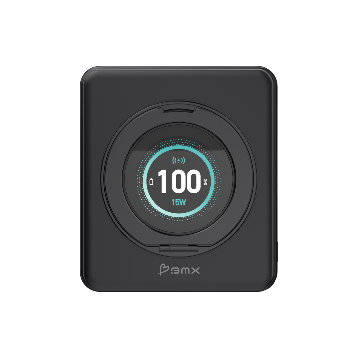 Front view of the black SolidSafe™ Duo with its round display showing 100%.