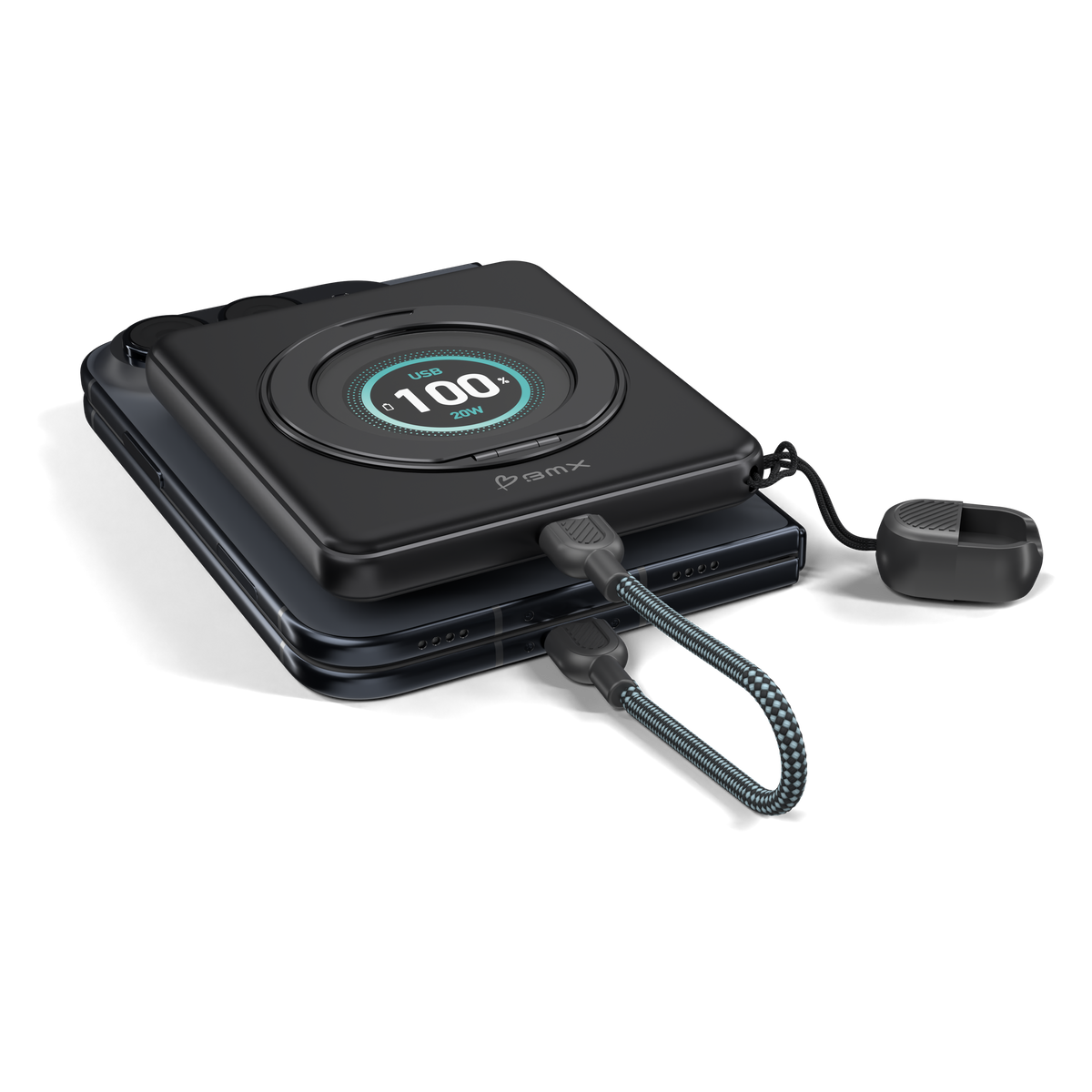 SolidSafe™ Duo lying flat on iPhone Duo with its braided USB-C lanyard plugged into the phone.