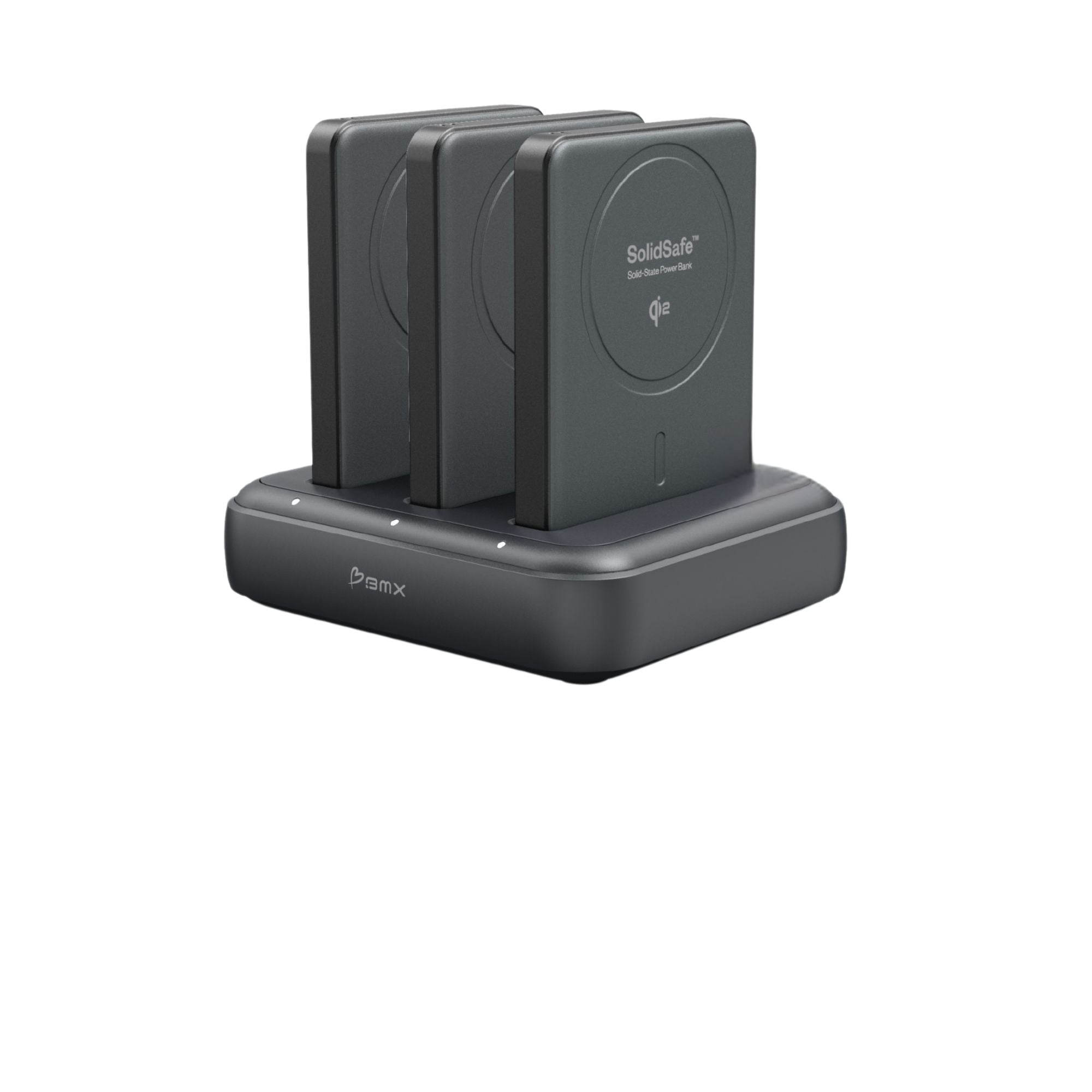 BMX SolidSafe 3-bay Charging Dock -- product hero with SolidSafe 5K power banks docked and charging