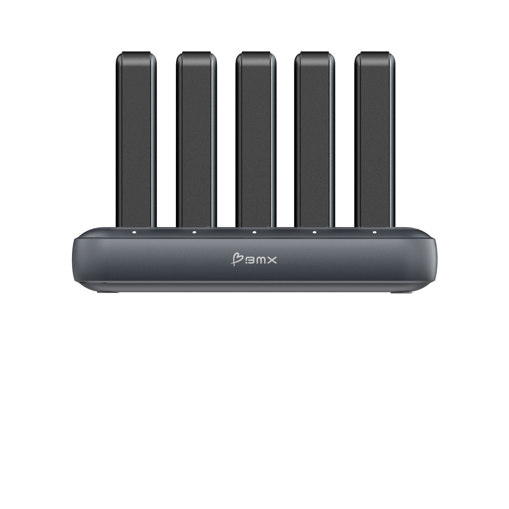 SolidSafe 5-Bay Dock front view loaded with five 10K power banks charging
