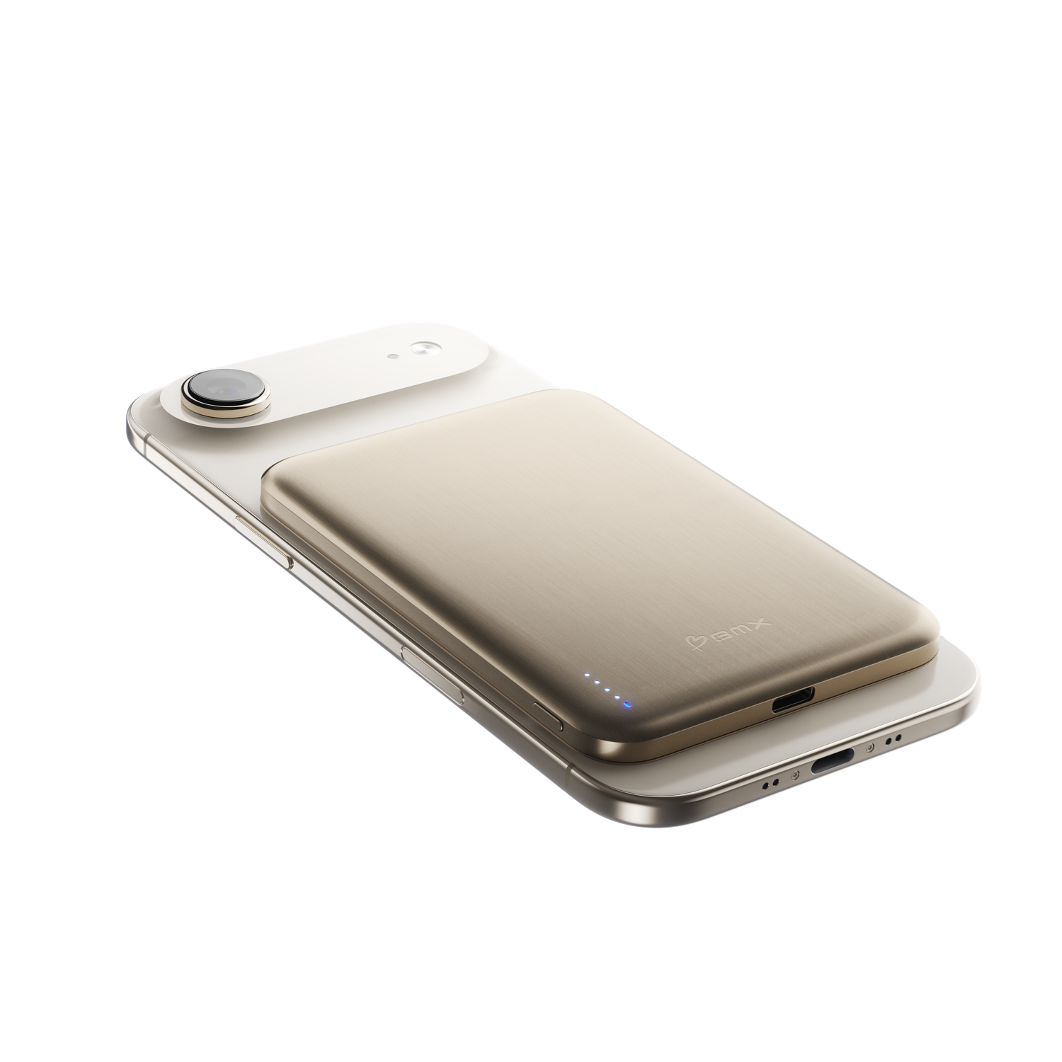 SolidSafe Air 5K Gold flat lay with iPhone - ultra-thin magnetic solid-state power bank by BMX