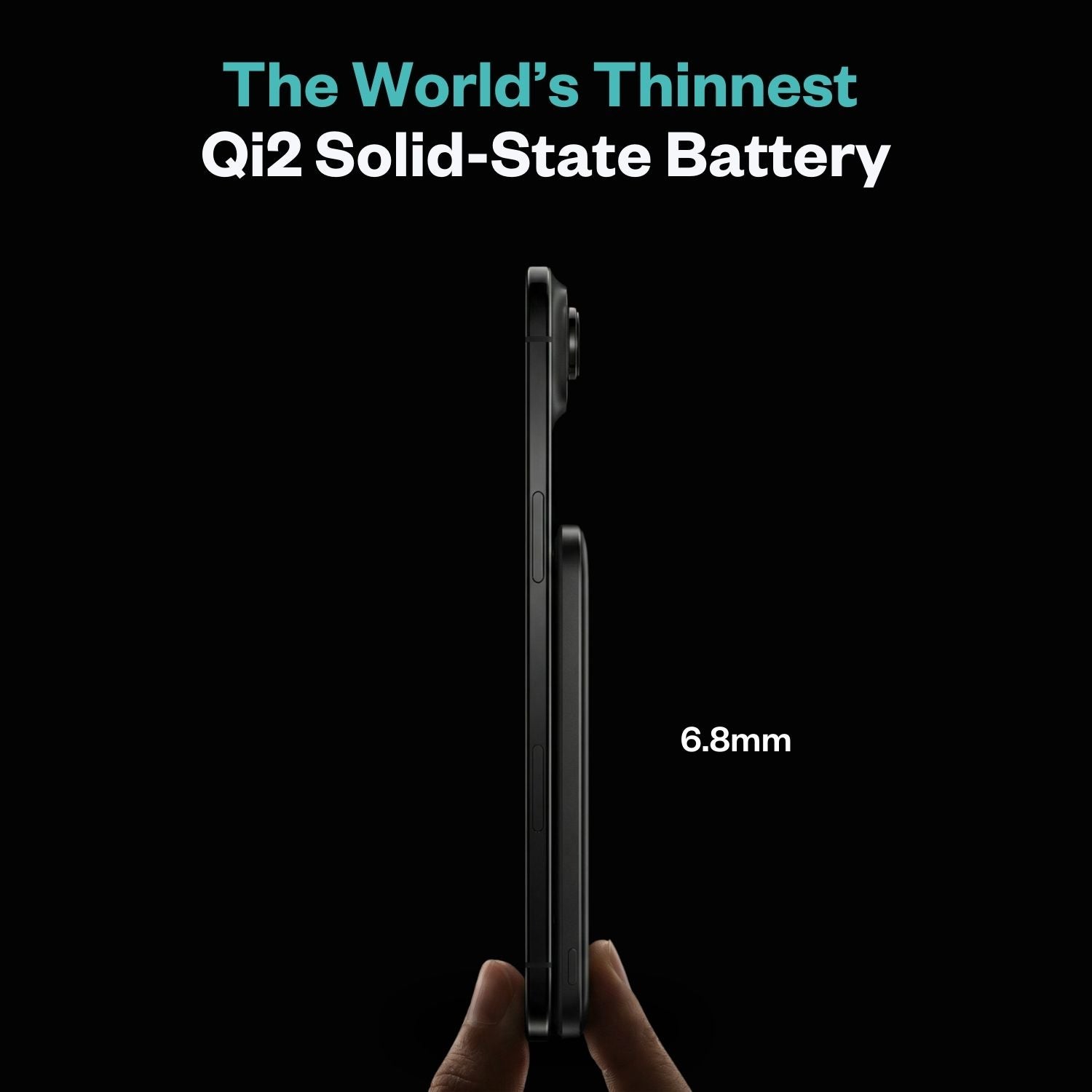 SolidSafe Air 5K Black side profile showing 6.8mm thickness - world's thinnest Qi2 solid-state power bank