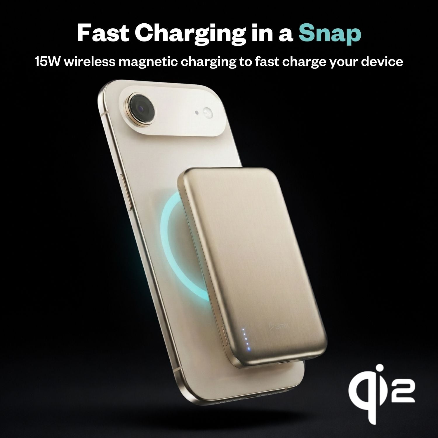 SolidSafe Air 5K Gold Qi2 wireless charging on iPhone - 15W magnetic fast charging power bank