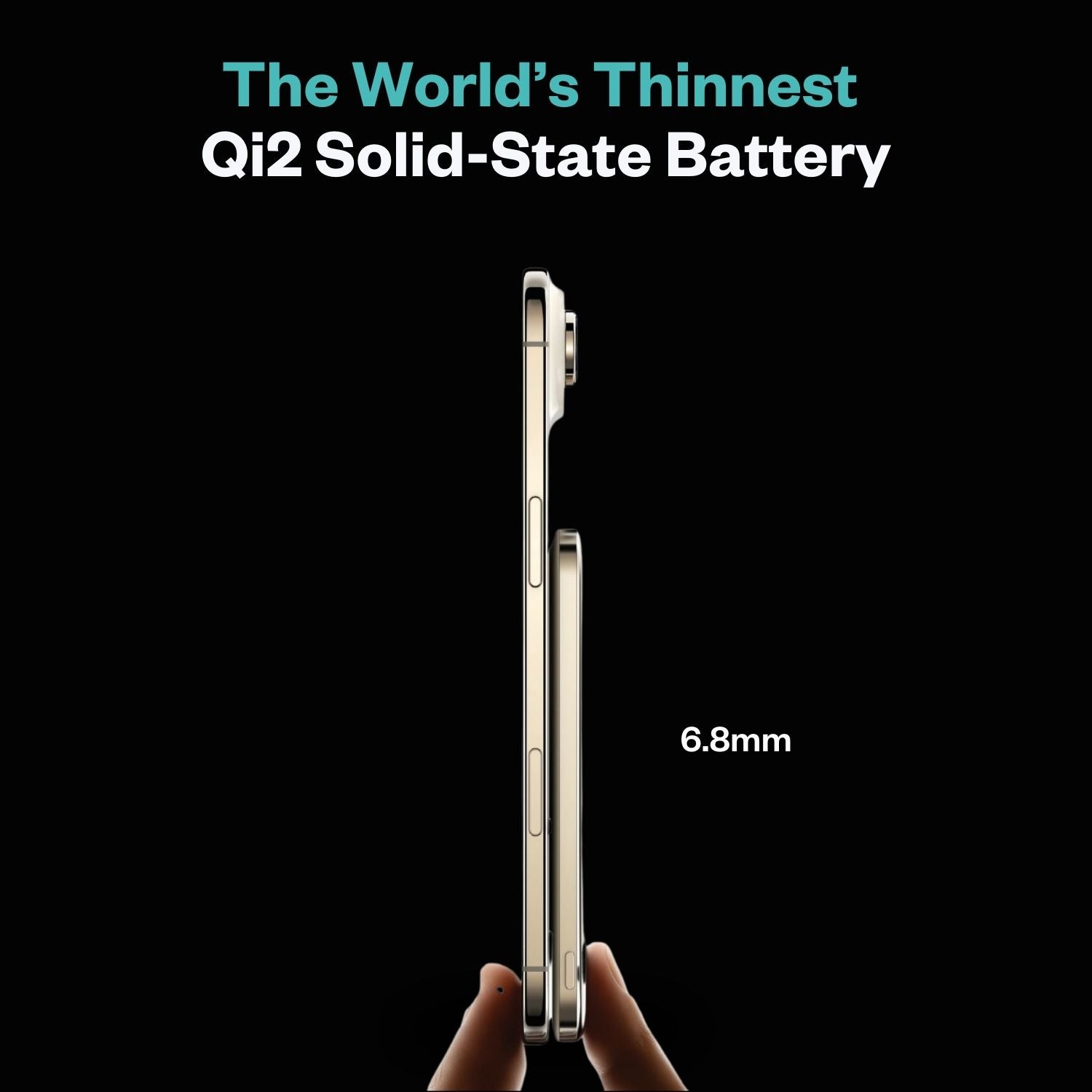 SolidSafe Air 5K Gold side profile showing 6.8mm thickness - world's thinnest Qi2 solid-state power bank