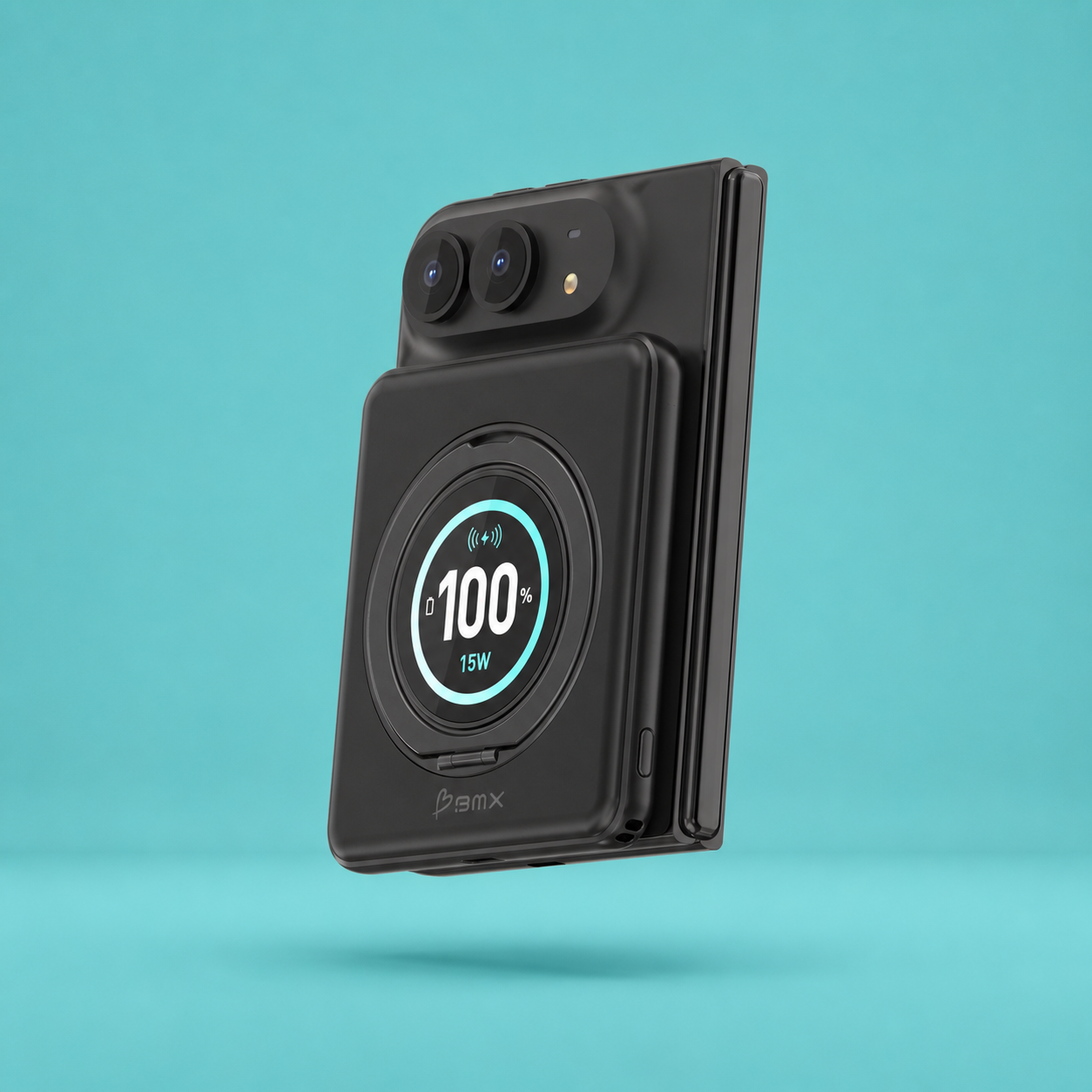 Black SolidSafe™ Duo mounted on a folding phone against a turquoise studio background