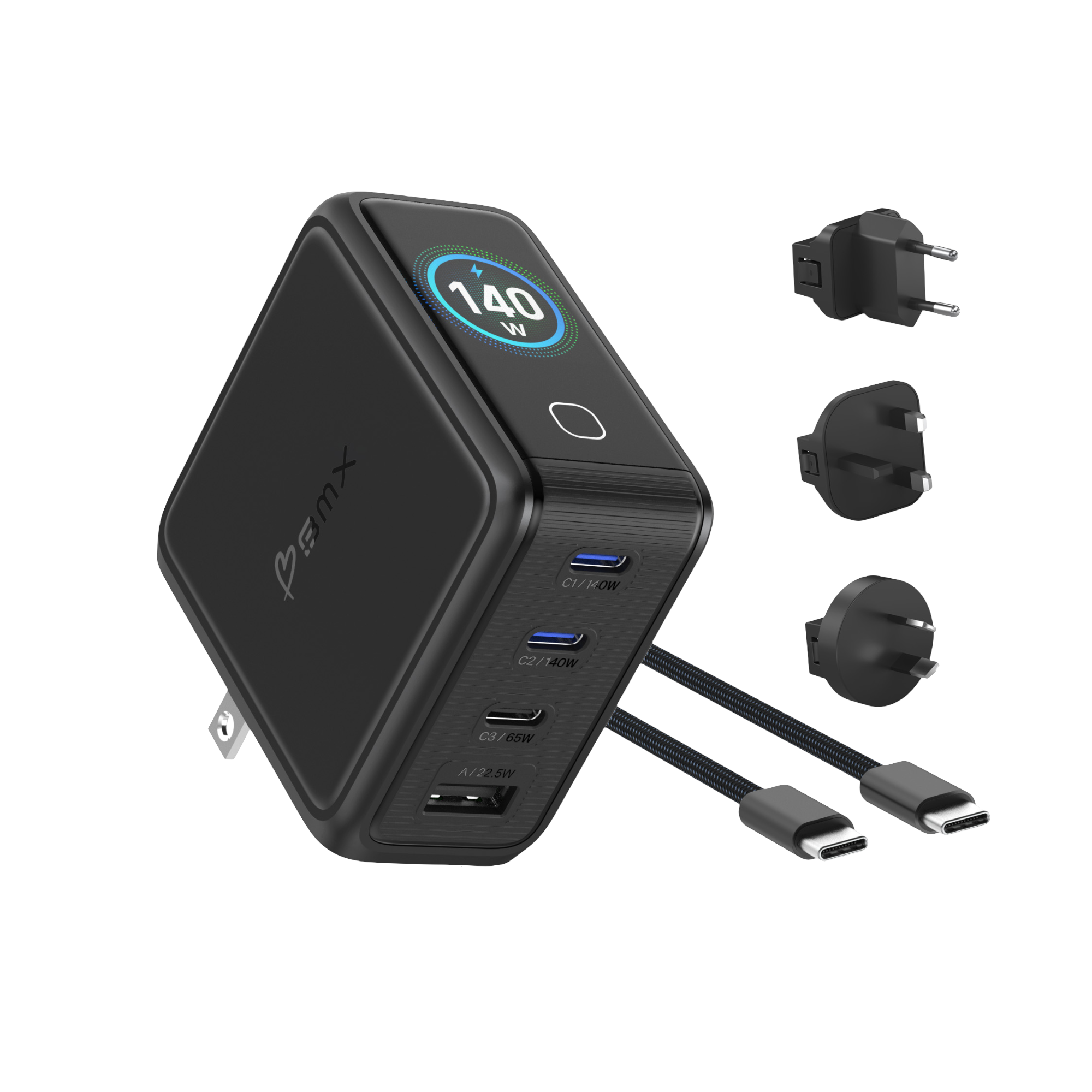 BMX GaNSta LCD 140W charger with international travel adapters