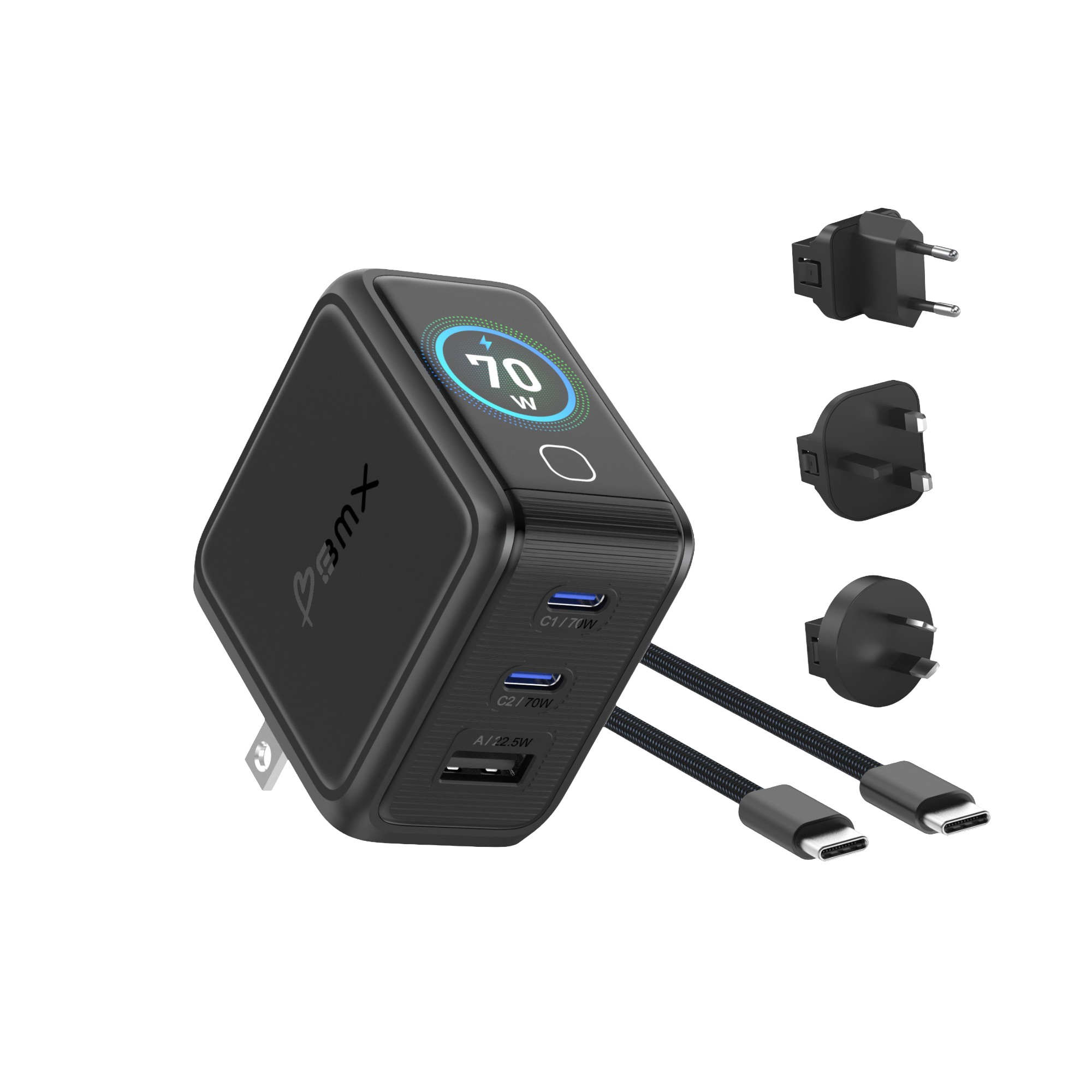 BMX GaNSta LCD 70W charger with international travel adapters