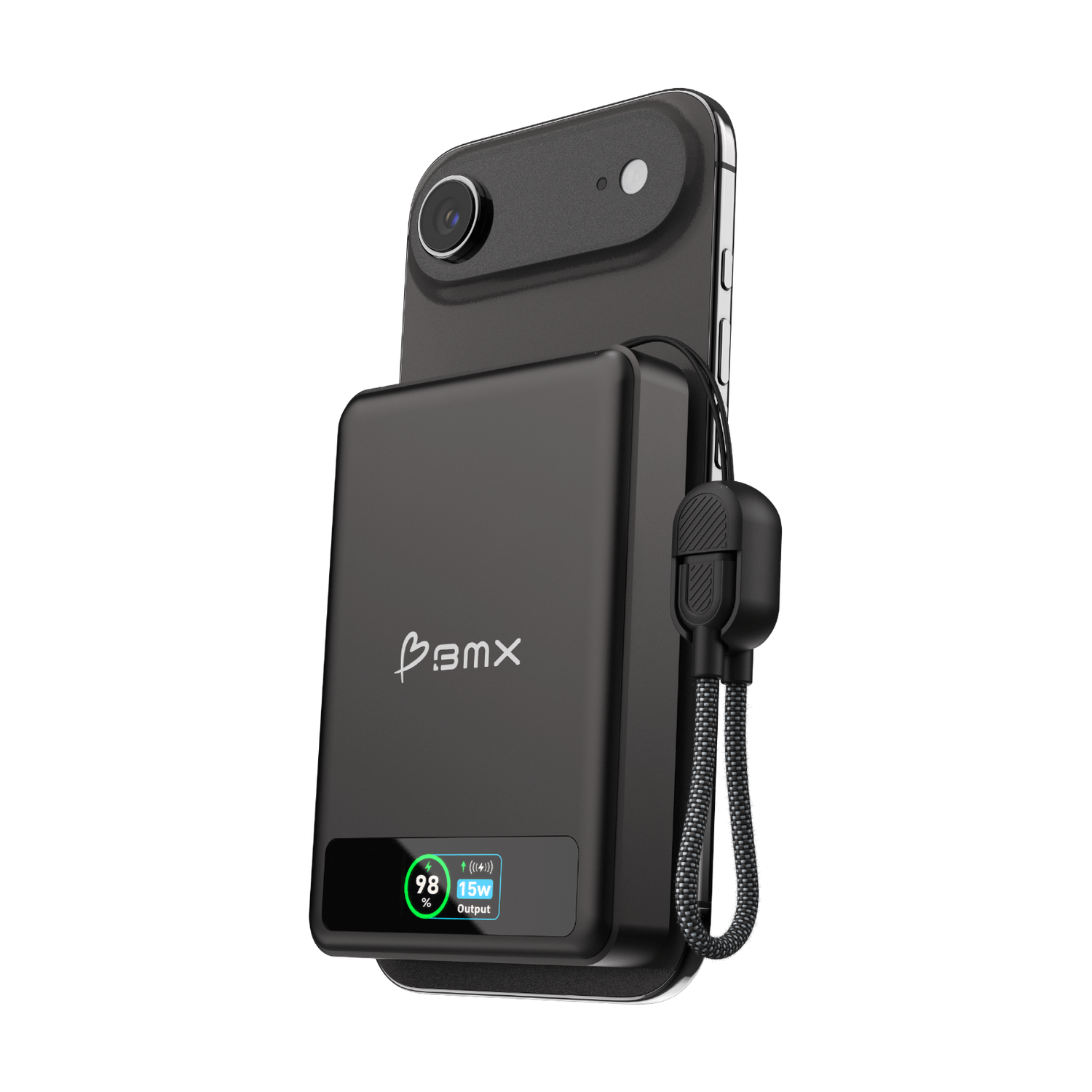 BMX SolidSafe 10K Black -- attached to iPhone via Qi2 magnetic snap, charging at 15W