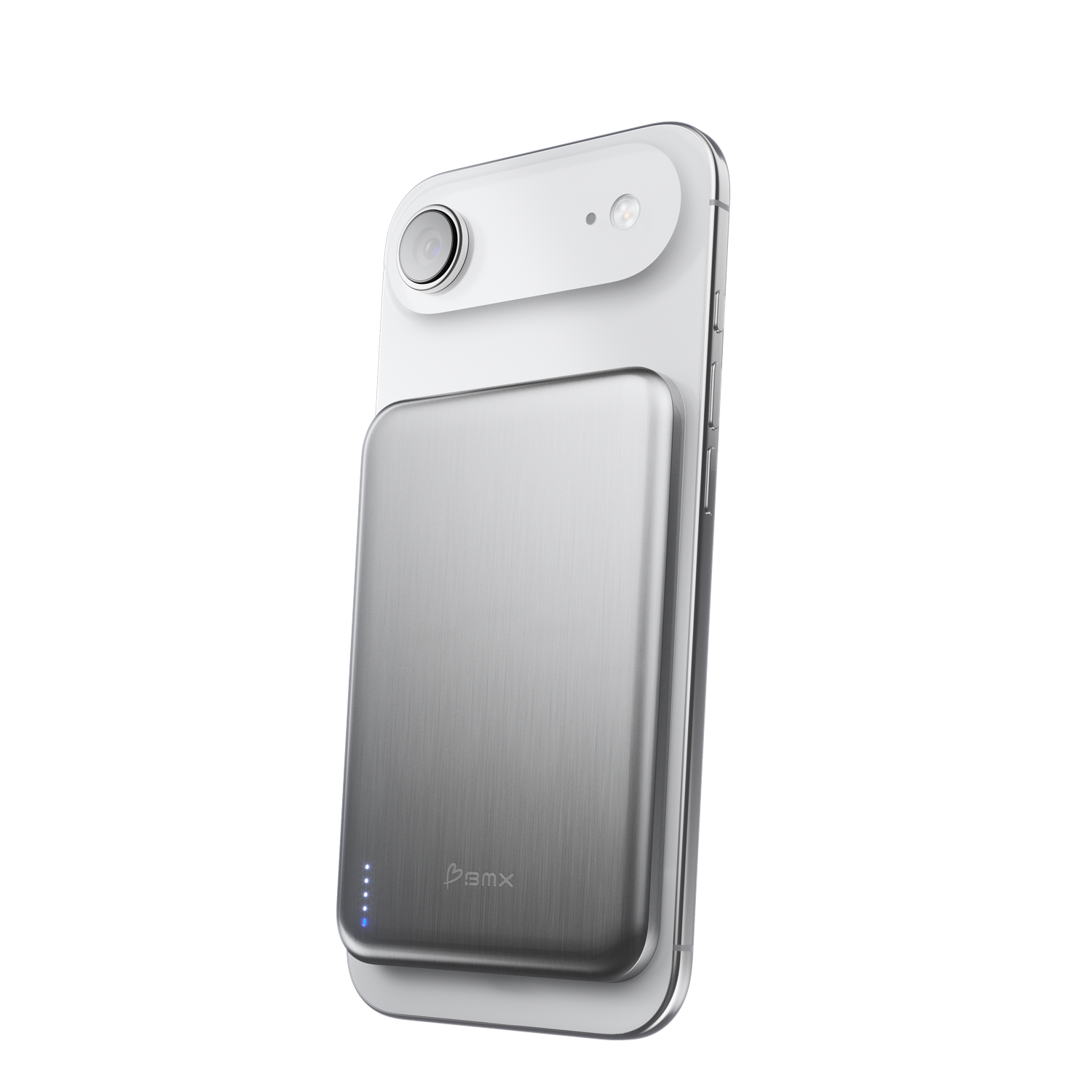 BMX SolidSafe™ Air 5K silver magnetic power bank attached to a smartphone