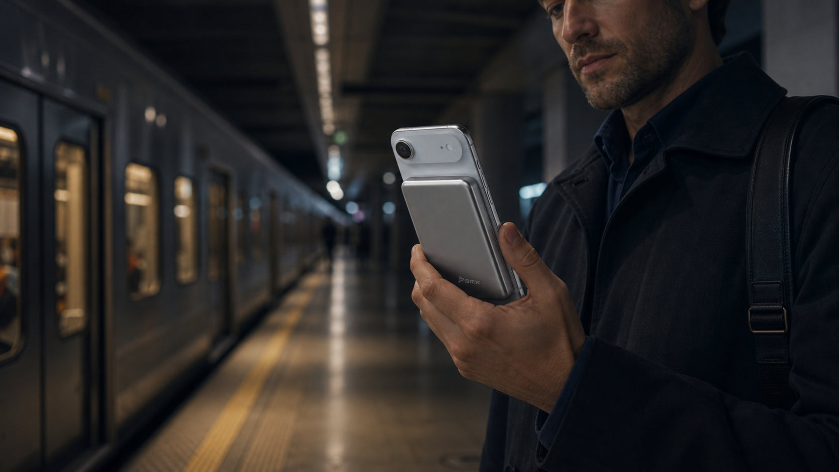 Subway commuter using a phone with SolidSafe™ Air 10K attached