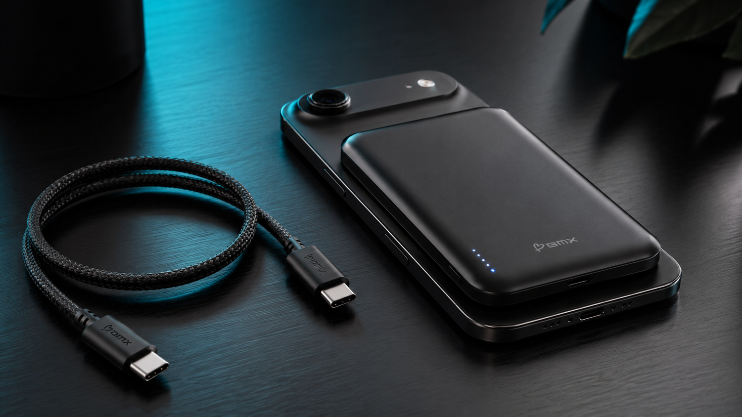 SolidSafe Air 5K magnetically attached to a phone with a USB-C cable option beside it