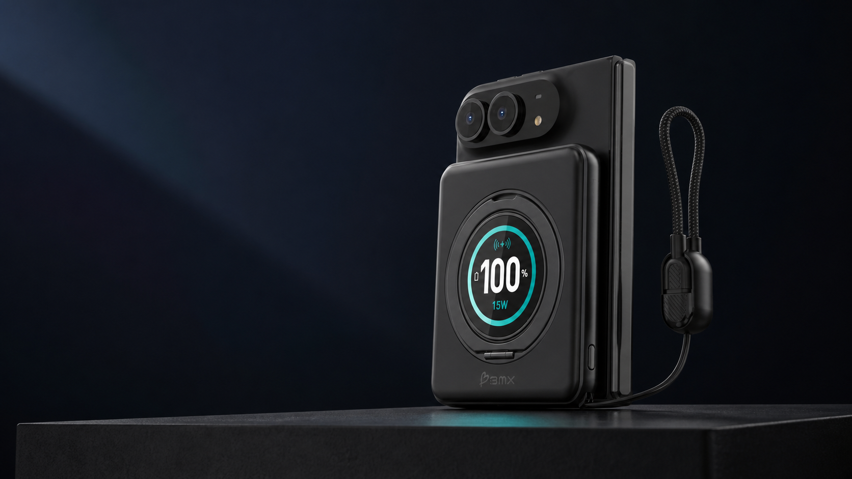 SolidSafe™ Duo 5K magnetic power bank attached to a phone, showing its circular TFT display and attached USB-C cable
