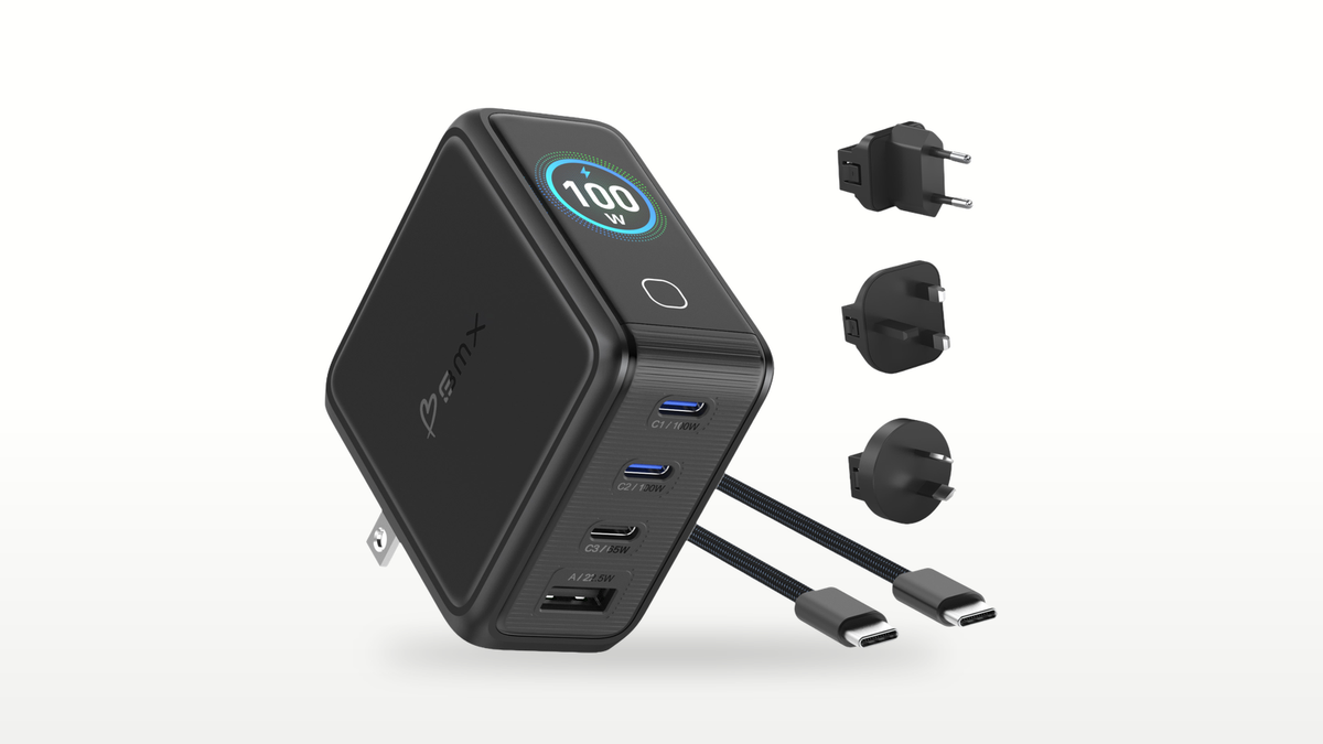 BMX GaNSta 100W wall charger with three USB-C ports, LCD display, and UK, EU, and AU plugs