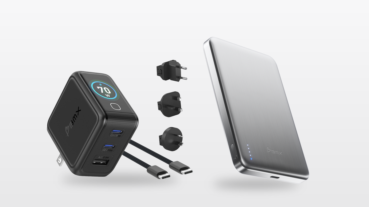 BMX GaNSta 70W wall charger with UK, EU, and AU plugs next to SolidSafe Air 10K in Silver
