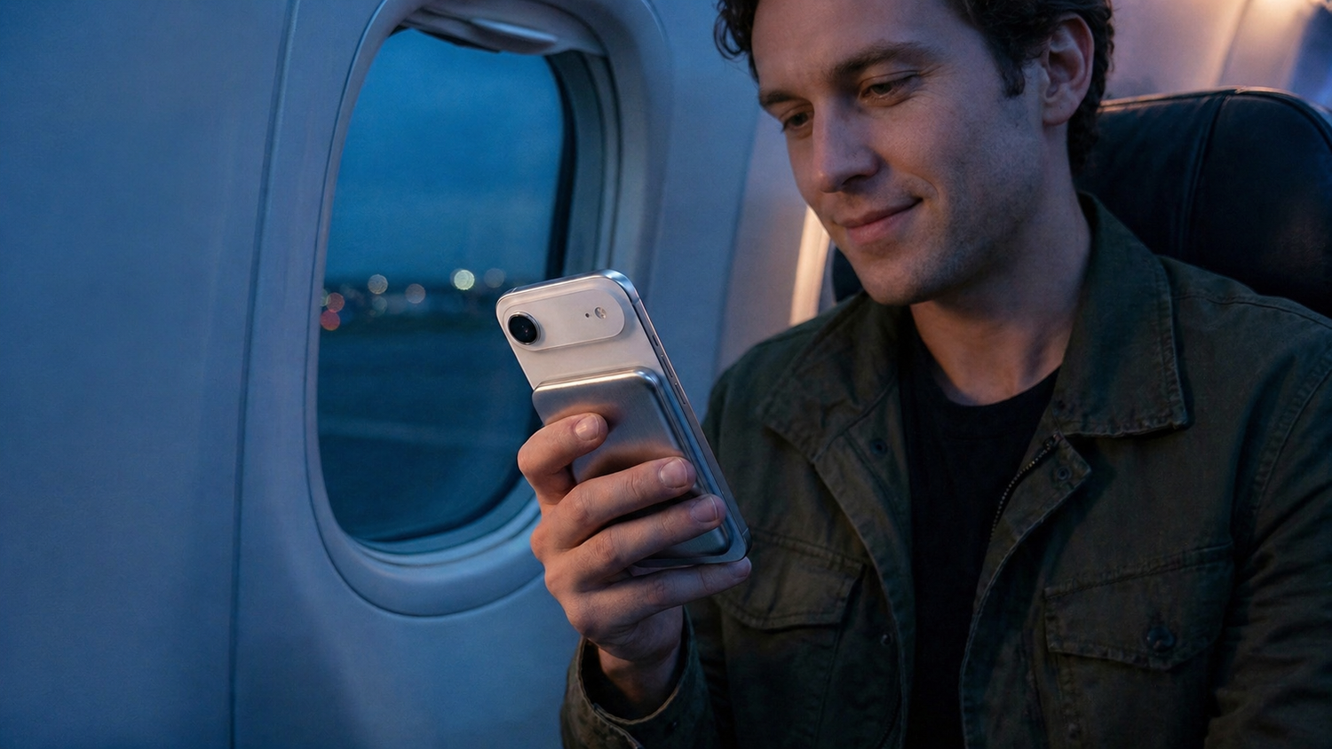Man seated on an airplane holding a BMX SolidSafe Air power bank, illustrating safe carry-on power for air travel