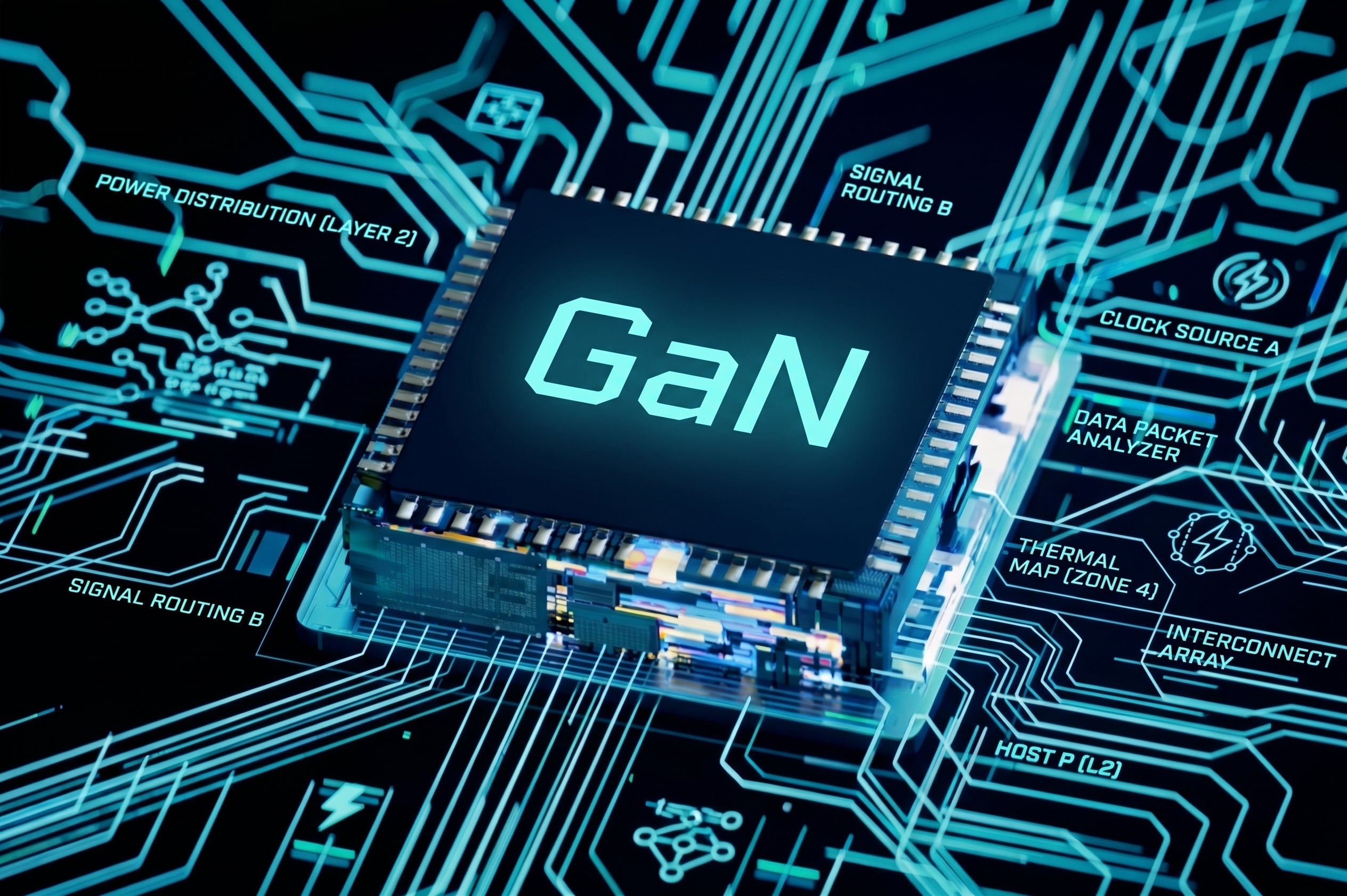 Illustration of a GaN (gallium nitride) semiconductor chip on a glowing turquoise circuit board, with labels for power distribution, signal routing, and thermal map zones.