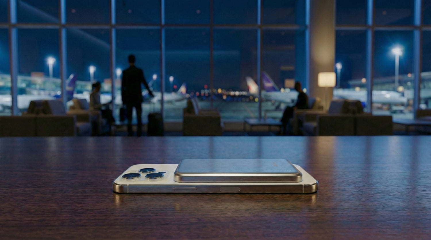 Airline friendly power bank guide hero, illustration of carry-on travel scene with SolidSafe Air
