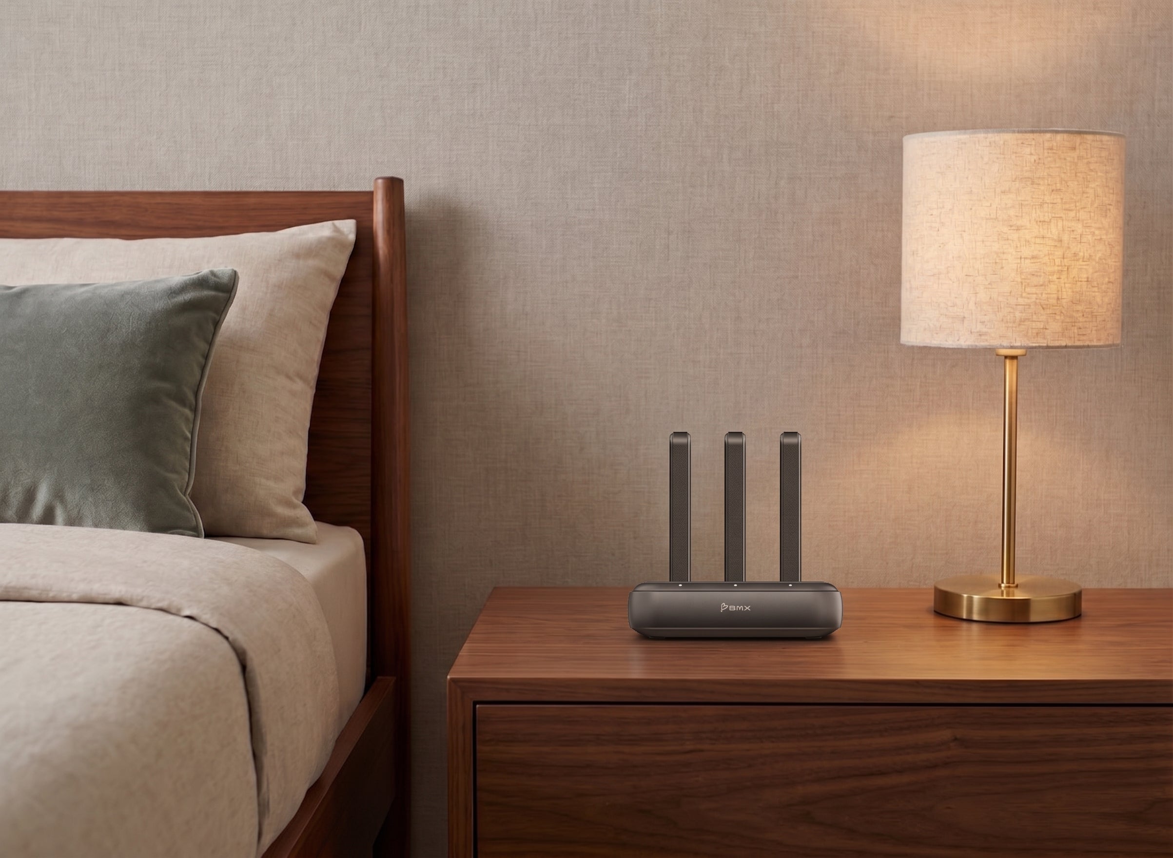 BMX SolidSafe 3-Bay charging dock with SolidSafe power banks on a nightstand next to a bed, overnight charging setup