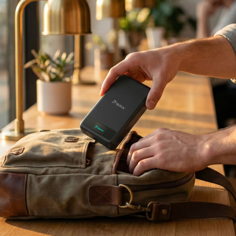 Person placing a  power bank into a bag