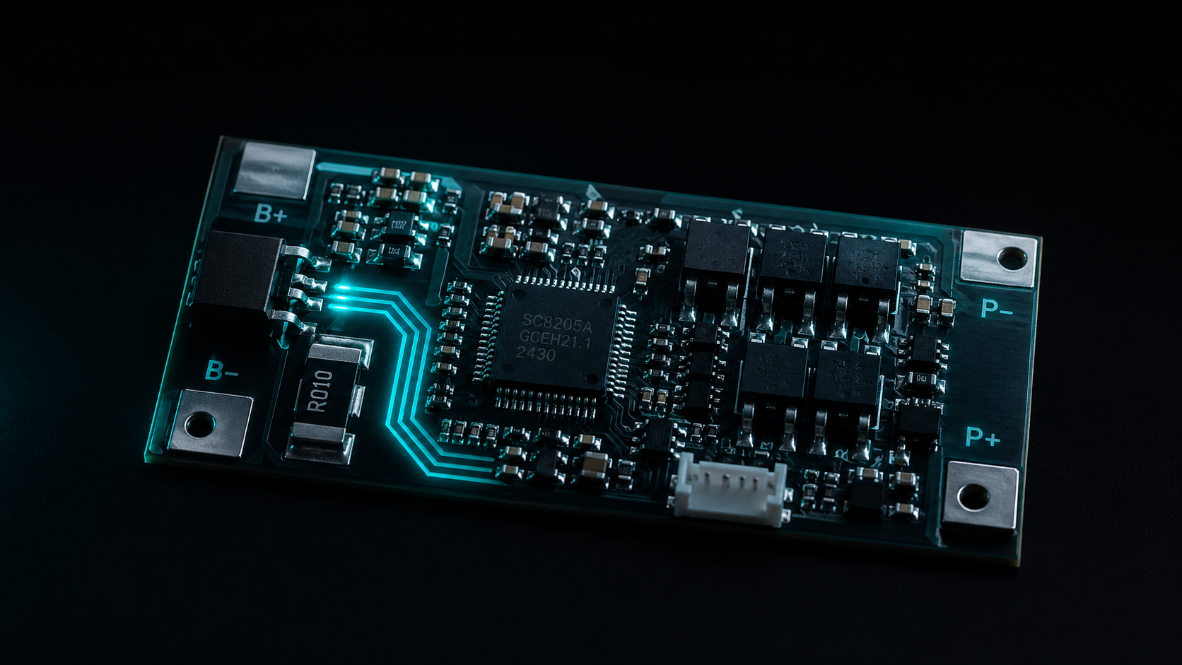 Power bank protection circuit board (PCM) with B+/B-/P+/P- terminals and SC8205A battery protection IC, glowing turquoise traces on dark background