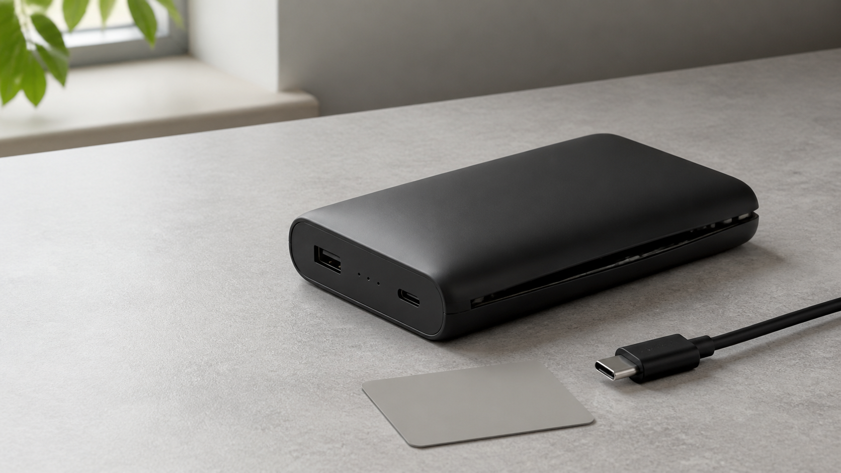 A swollen unbranded power bank with its casing separating and a disconnected USB-C cable