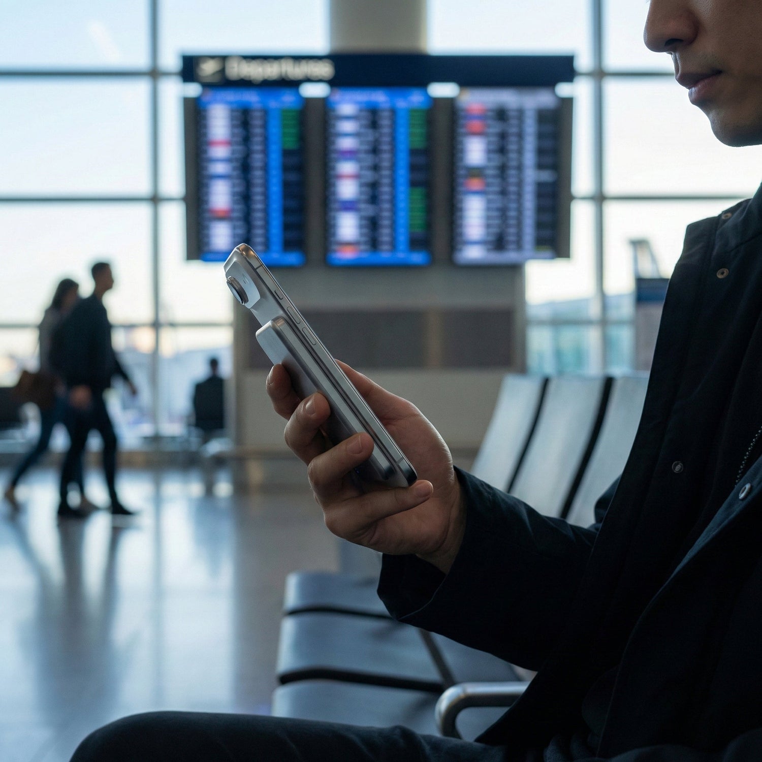 Traveler at an airport gate using a BMX SolidSafe Air power bank