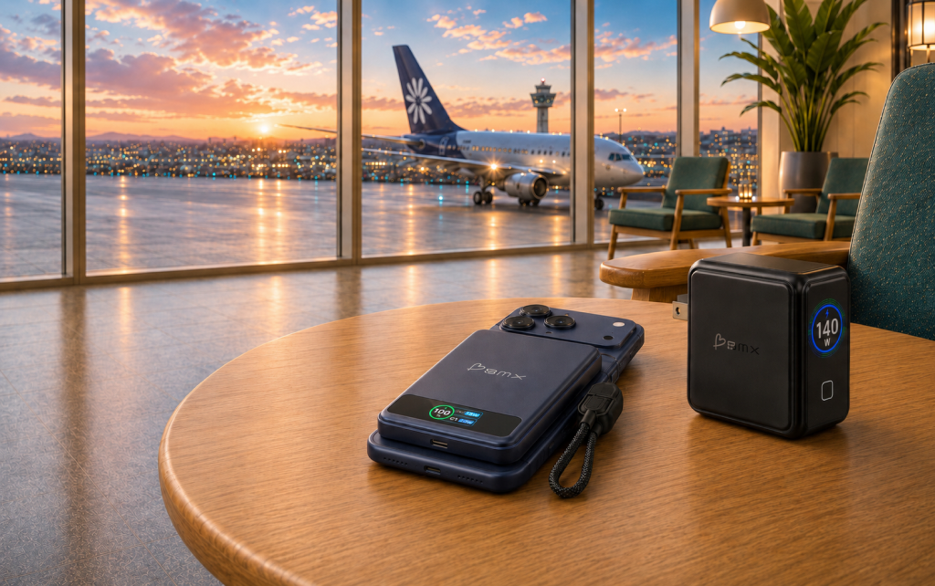 BMX summer travel charging kits on an airport lounge table