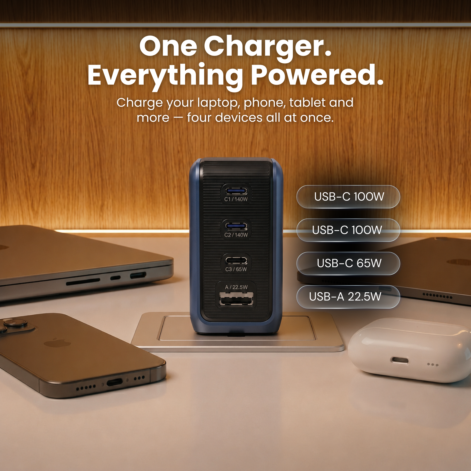 GaNSta Pixel 100W Charger showing live wattage in pixels