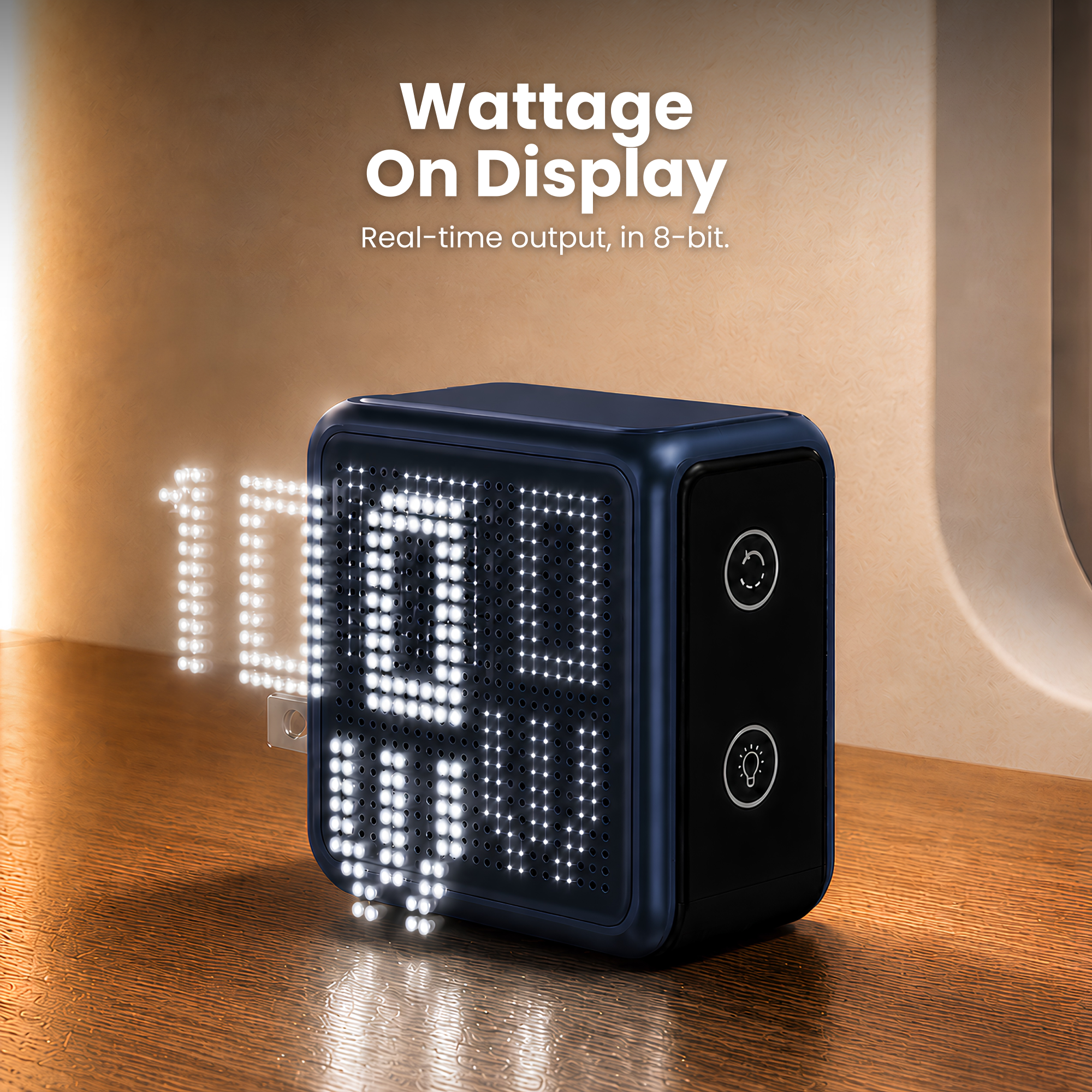 GaNSta Pixel 100W Charger showing live wattage in pixels