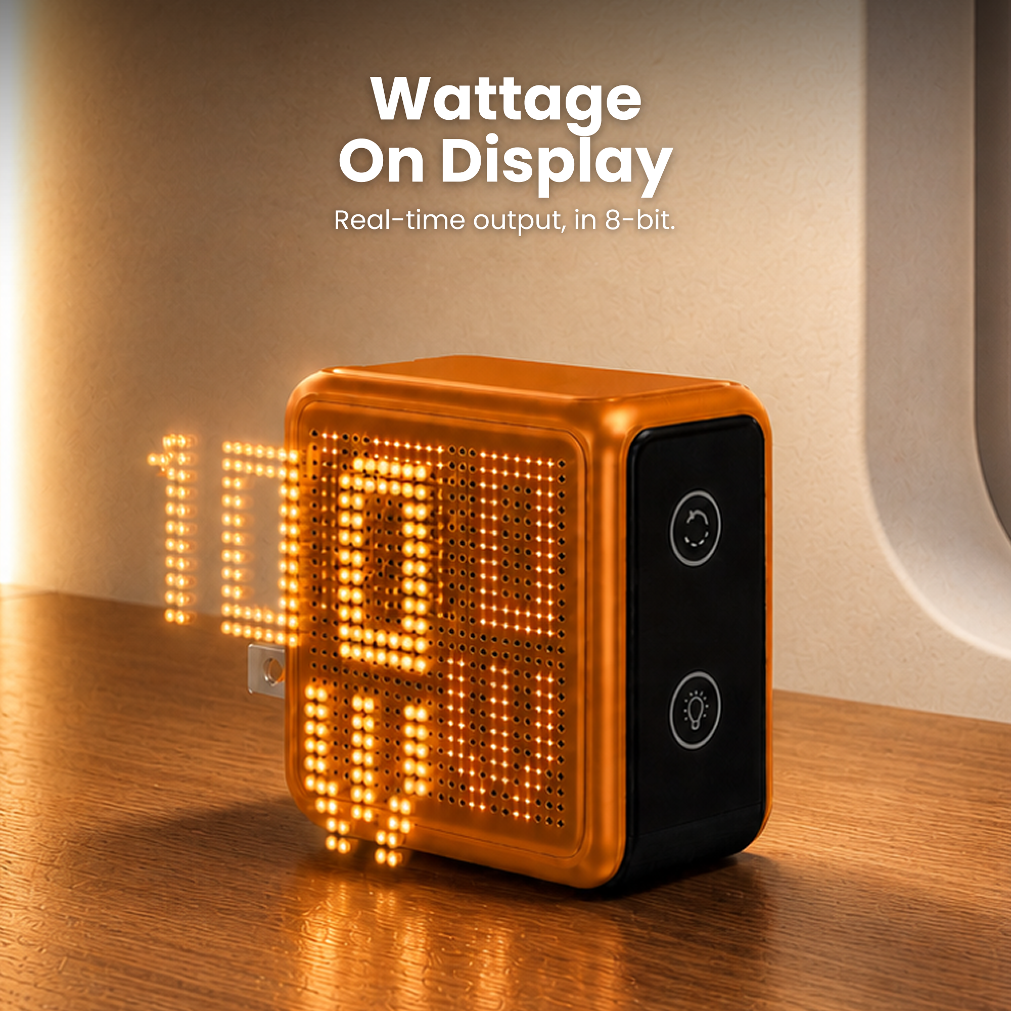 GaNSta Pixel 100W Charger showing live wattage in pixels