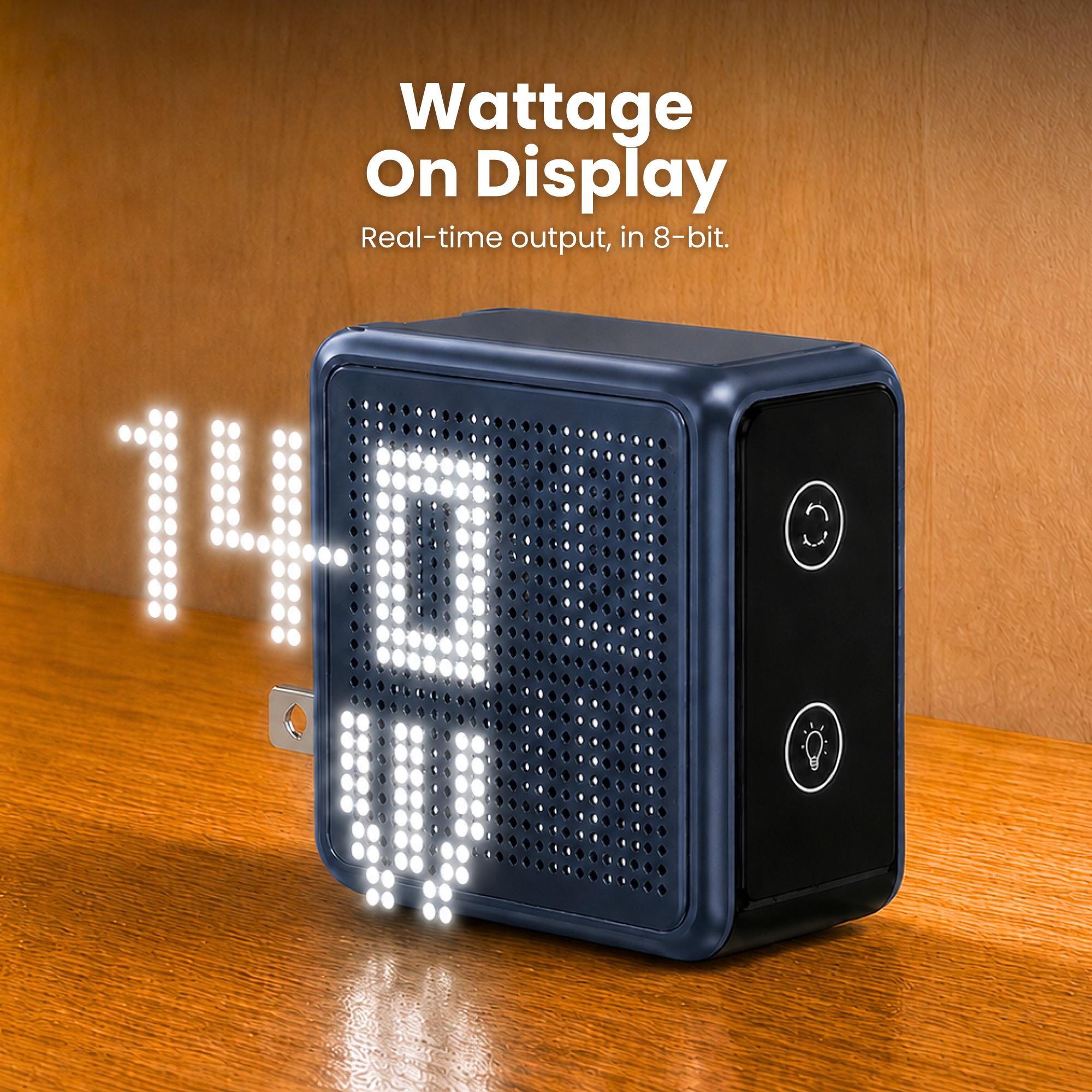 GaNSta Pixel 140W Charger showing live wattage in pixels