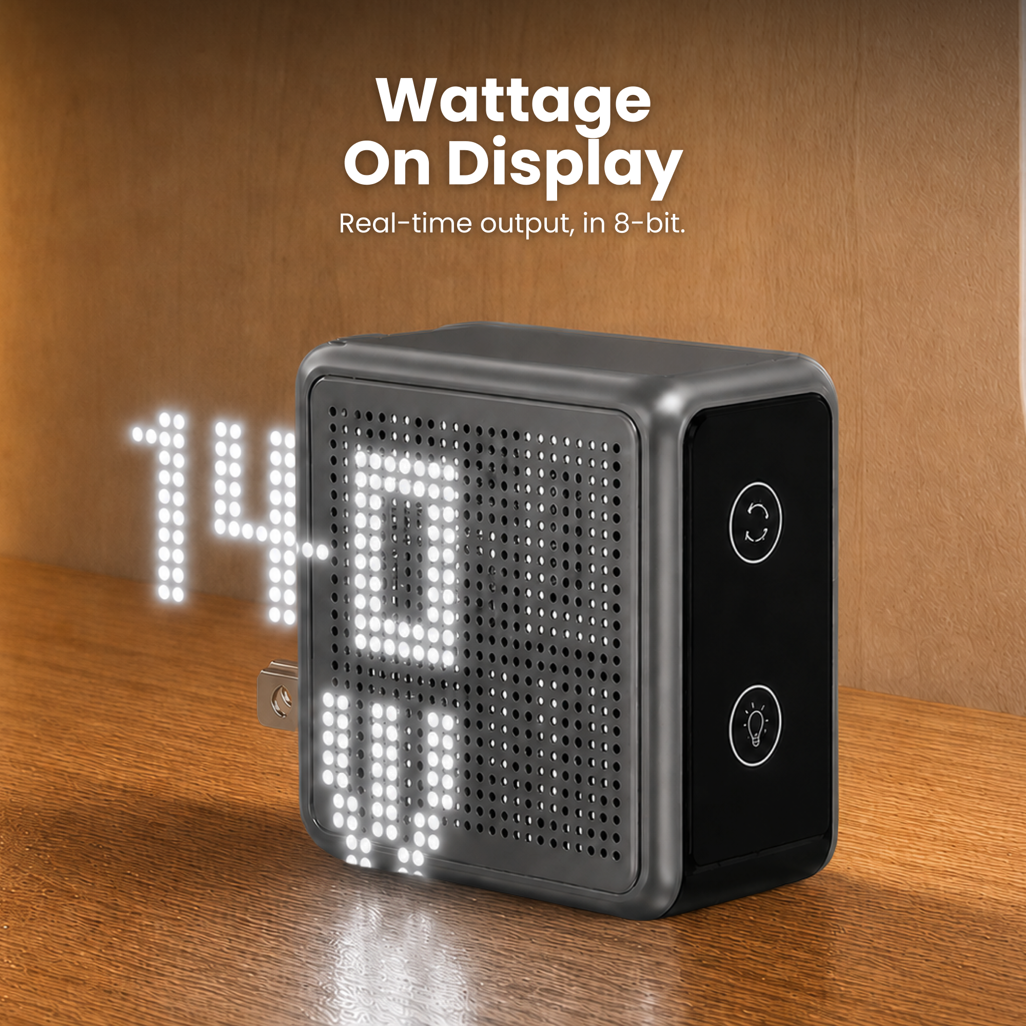 GaNSta Pixel 140W Charger showing live wattage in pixels