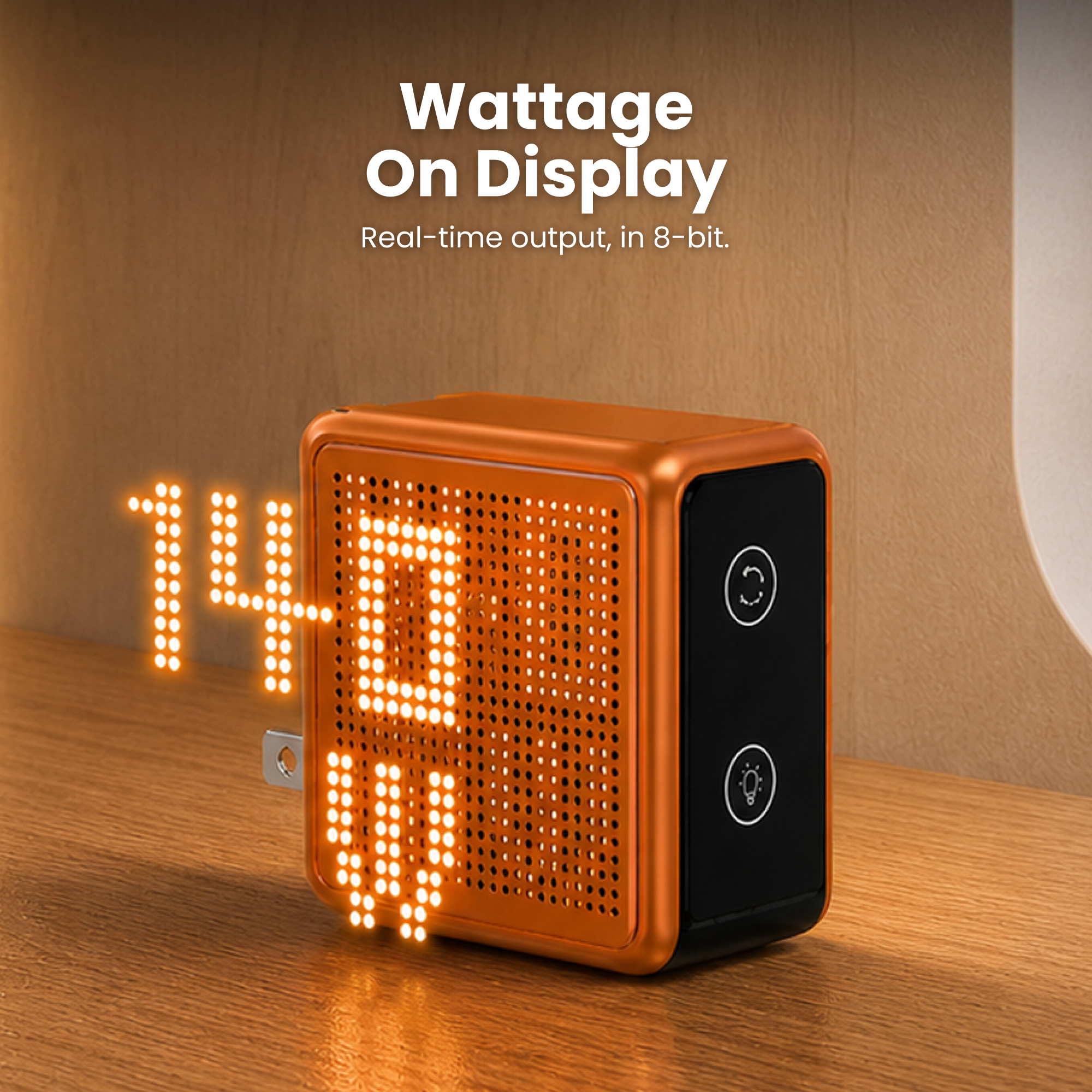 GaNSta Pixel 140W Charger showing live wattage in pixels