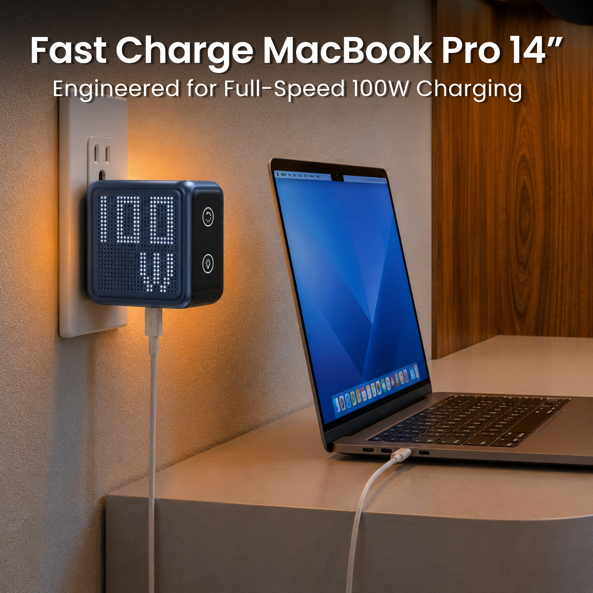 GaNsta Pixel 100W blue charger fast charging MacBook Pro 14 inch infographic