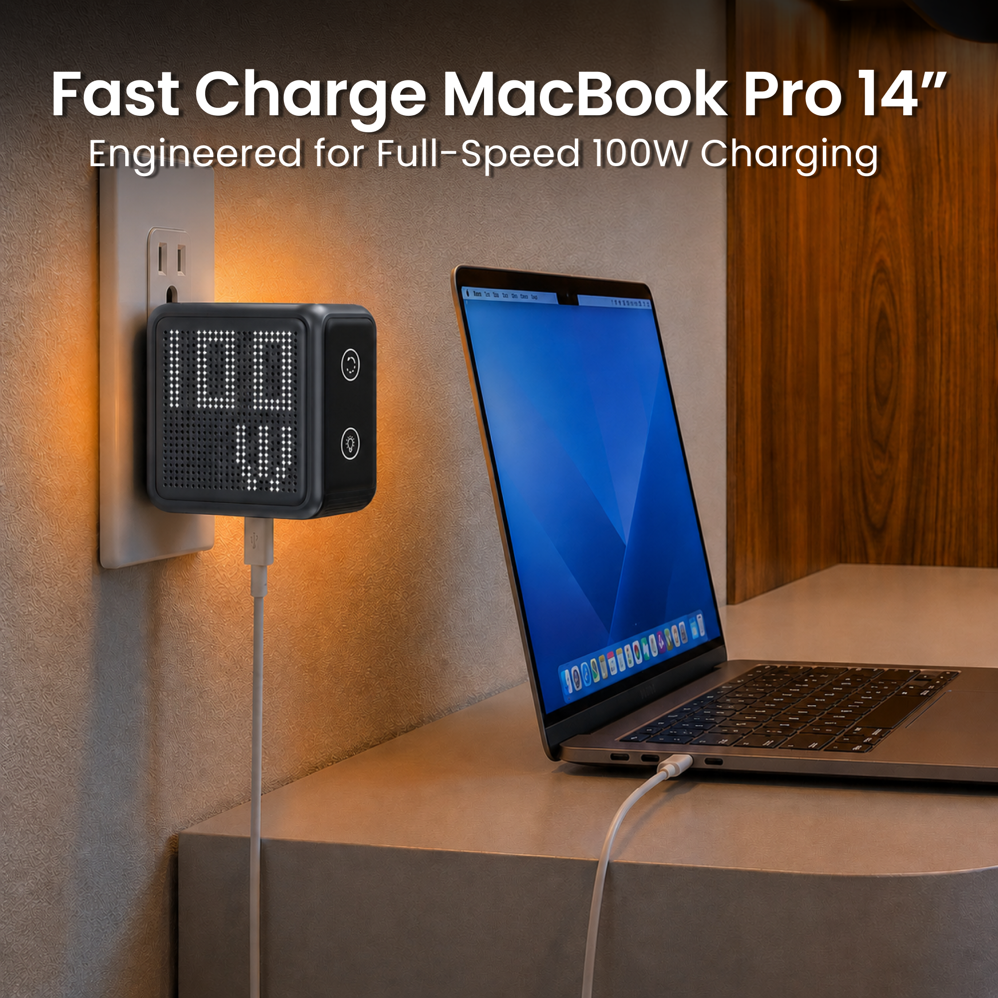 GaNsta Pixel 100W gray charger fast charging MacBook Pro 14 inch infographic