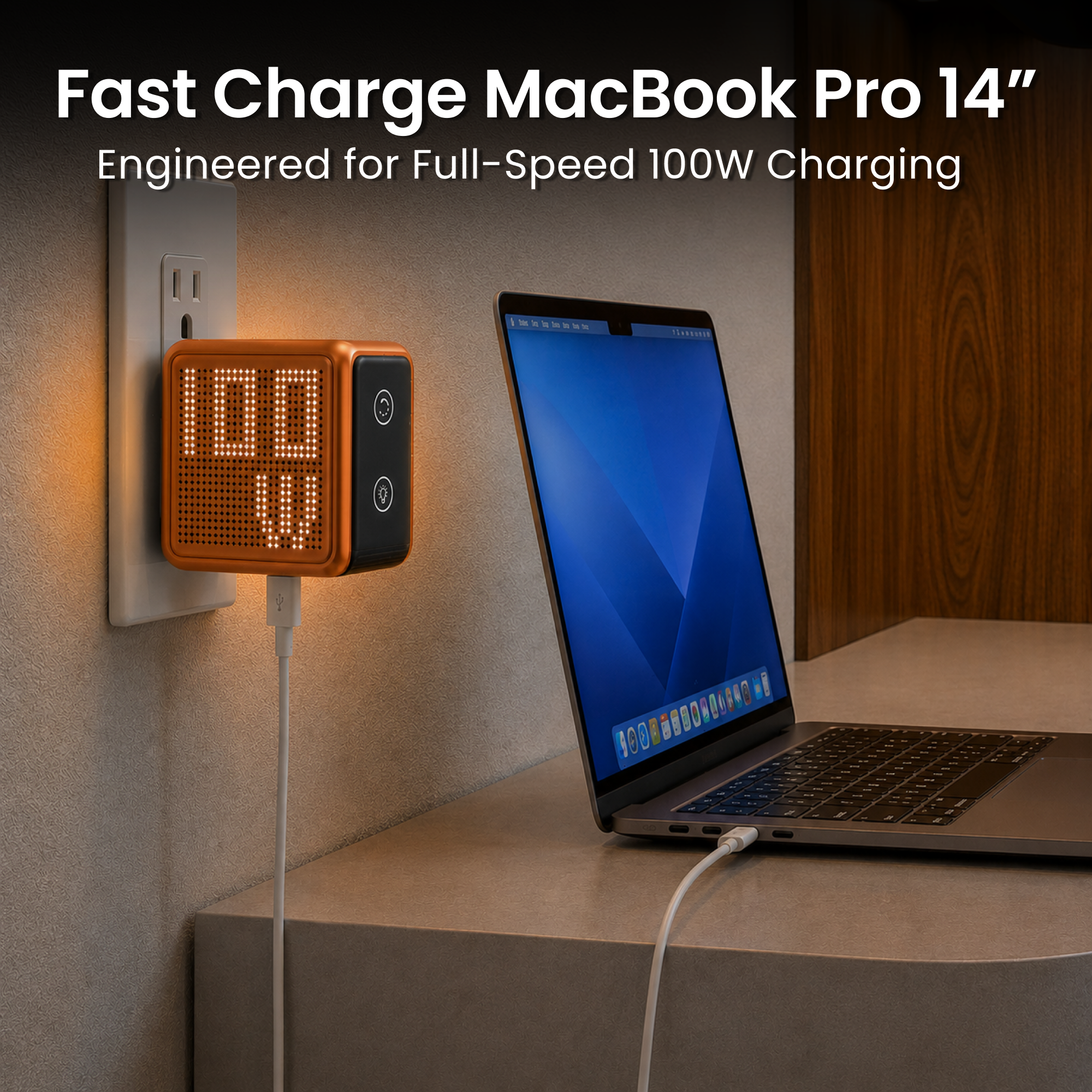 GaNsta Pixel 100W orange charger fast charging MacBook Pro 14 inch infographic