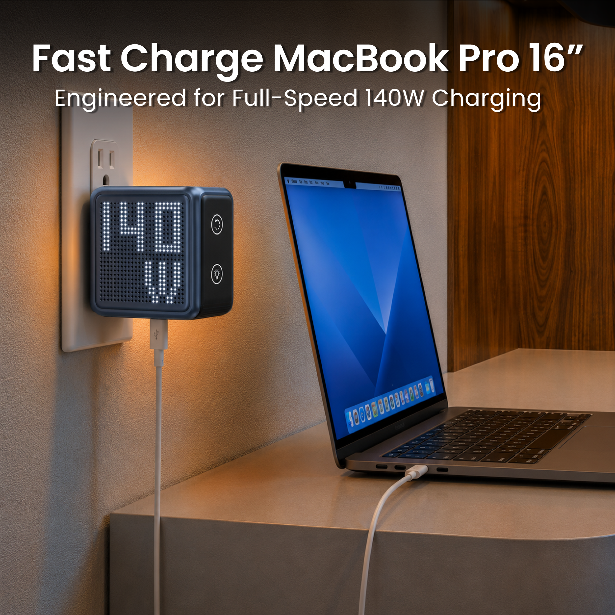 GaNsta Pixel 140W blue charger fast charging MacBook Pro 16 inch infographic