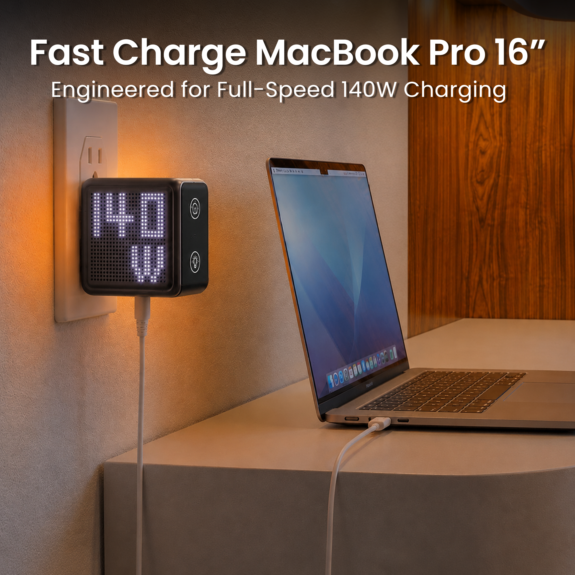 GaNsta Pixel 140W gray charger fast charging MacBook Pro 16 inch infographic